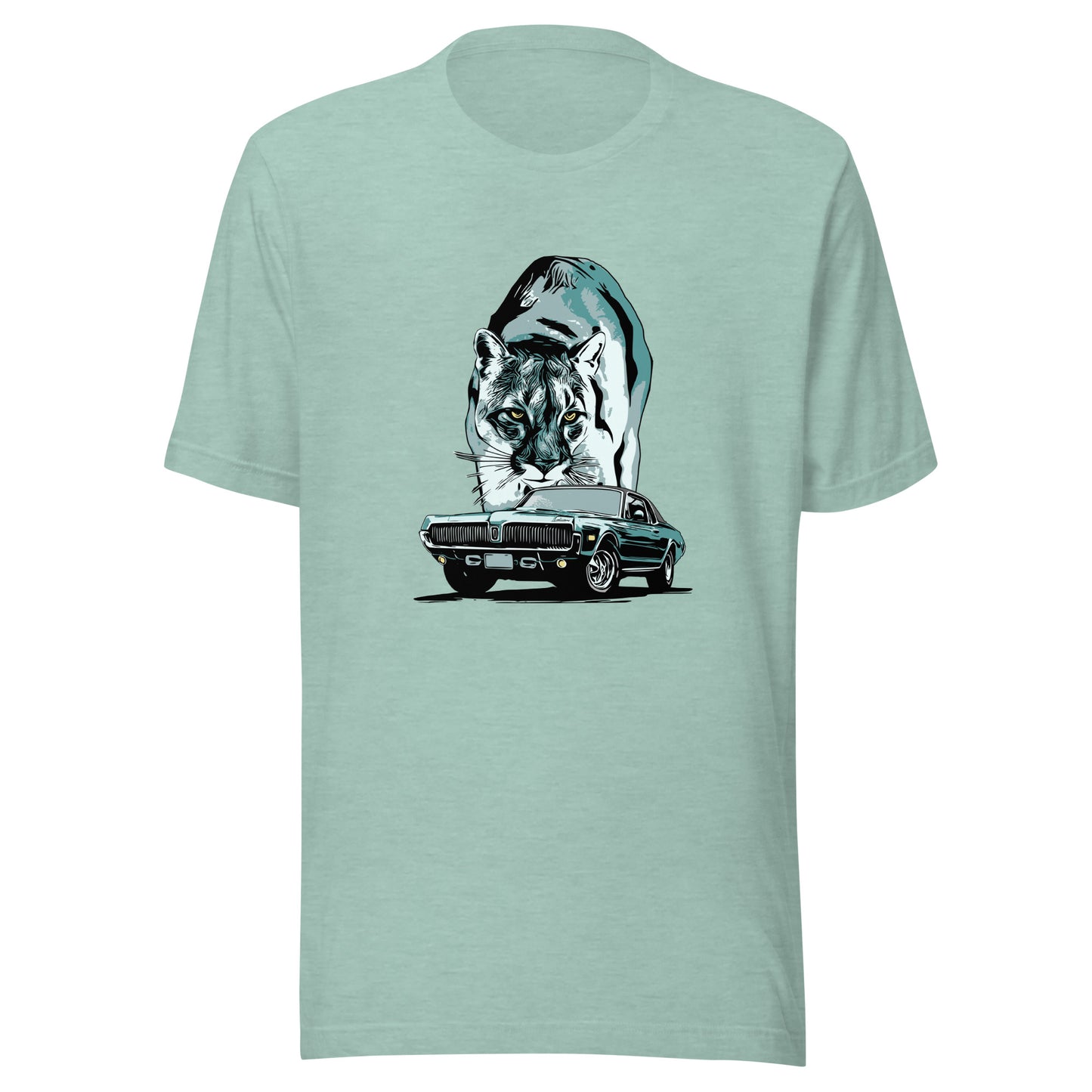 Classic Car Shirt featuring 68 Cougar, Unisex Jersey Tee featuring 1968 Mercury Cougar with cougar cat backdrop, green theme