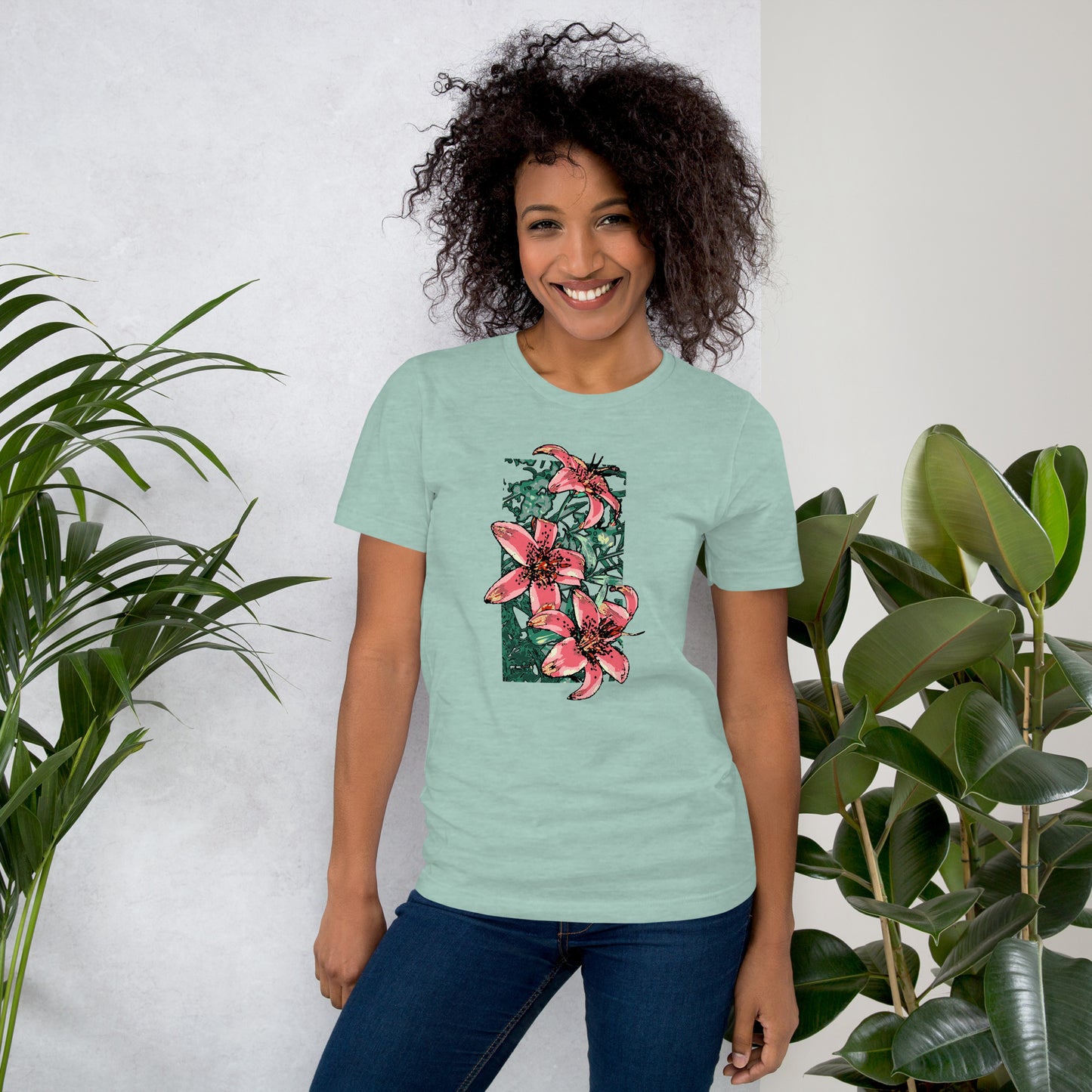 Floral T-shirt with Pink Lilies design - Unisex Jersey Tee for Spring and Summer