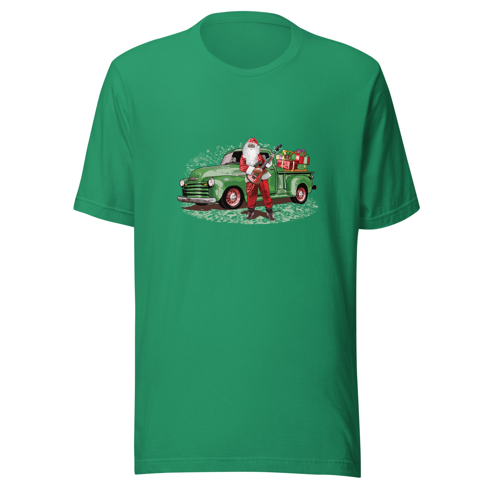 Guitar Santa Unisex Jersey Tee, Santa Claus with Rat Rod Chevy Truck full of Presents