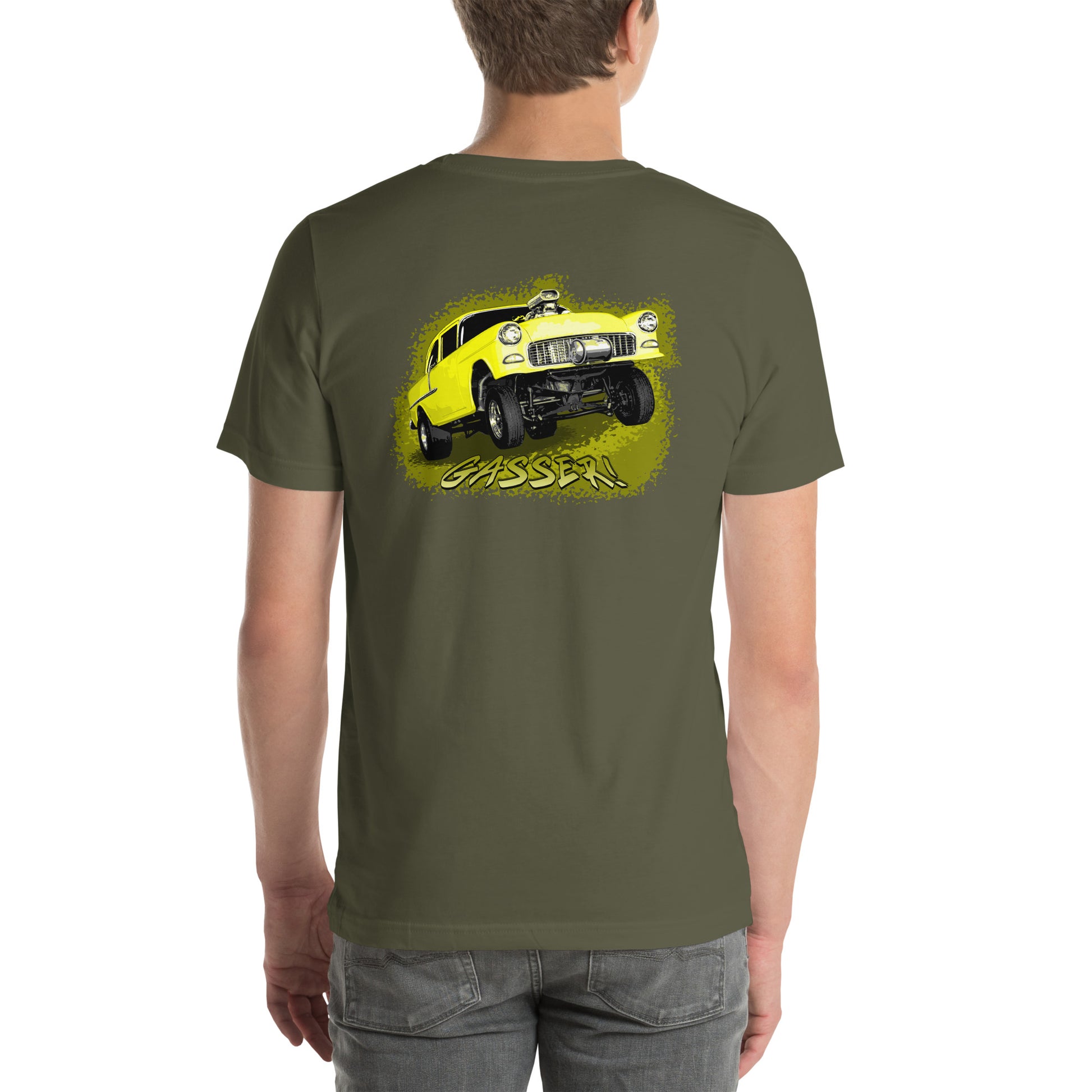 Classic Car Shirt featuring a Yellow 1955 Chevy Gasser - Unisex t-shirt, 1950s 1960s racer, image on back