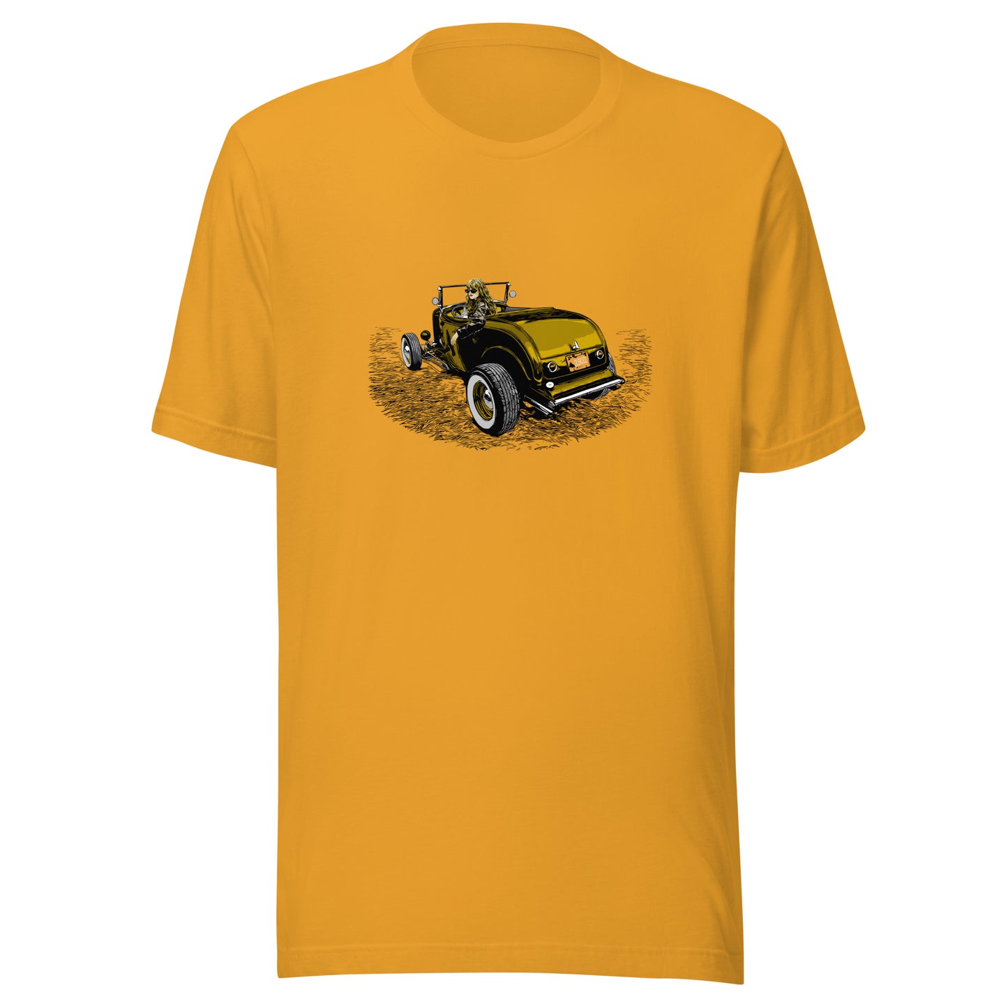 Classic car shirt featuring woman in highboy roadster, Hot Rod Girl Unisex Jersey Gold version