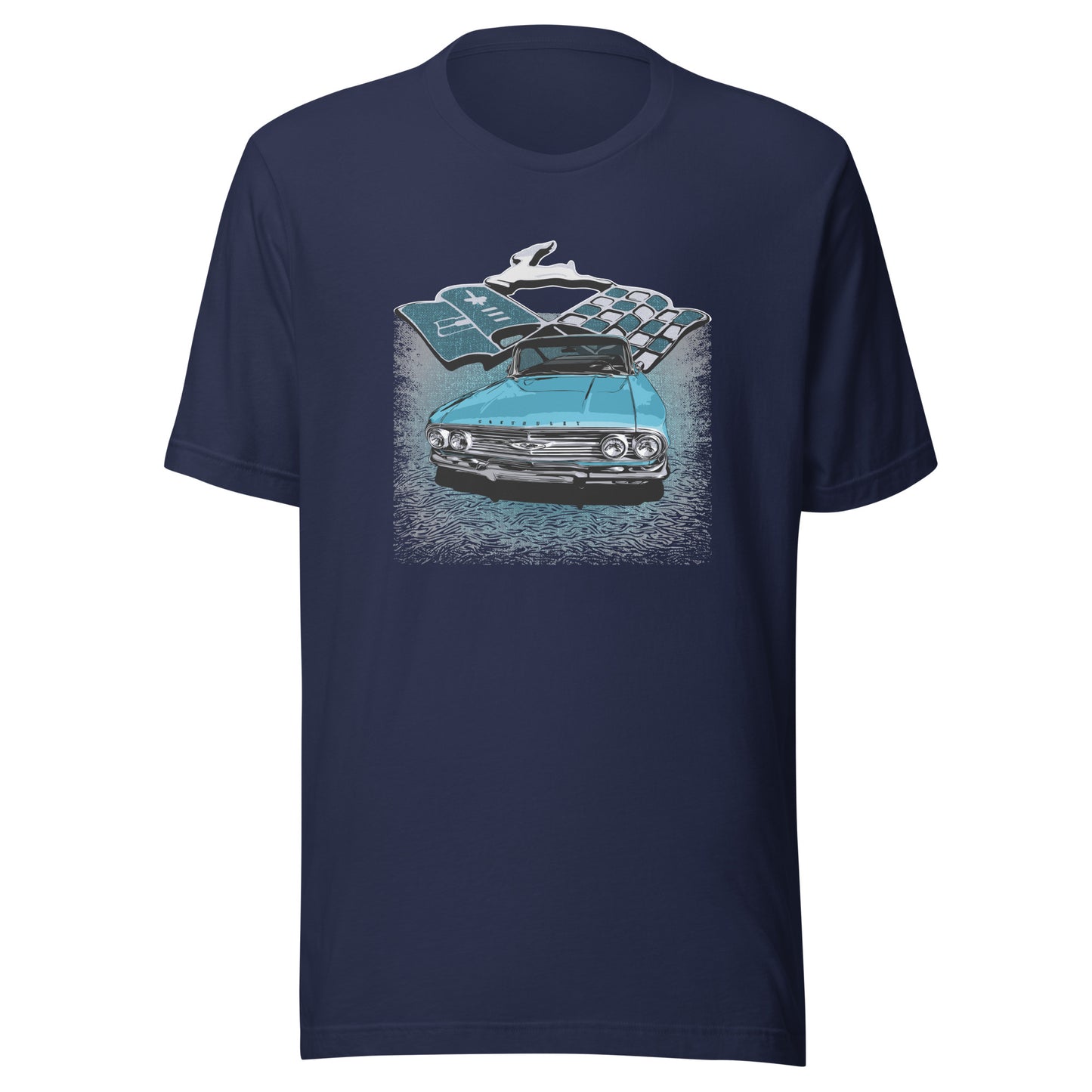 Classic car shirt featuring Blue 1960 Chevy Impala - Unisex Jersey Tee - 60 Chevrolet Impala SS