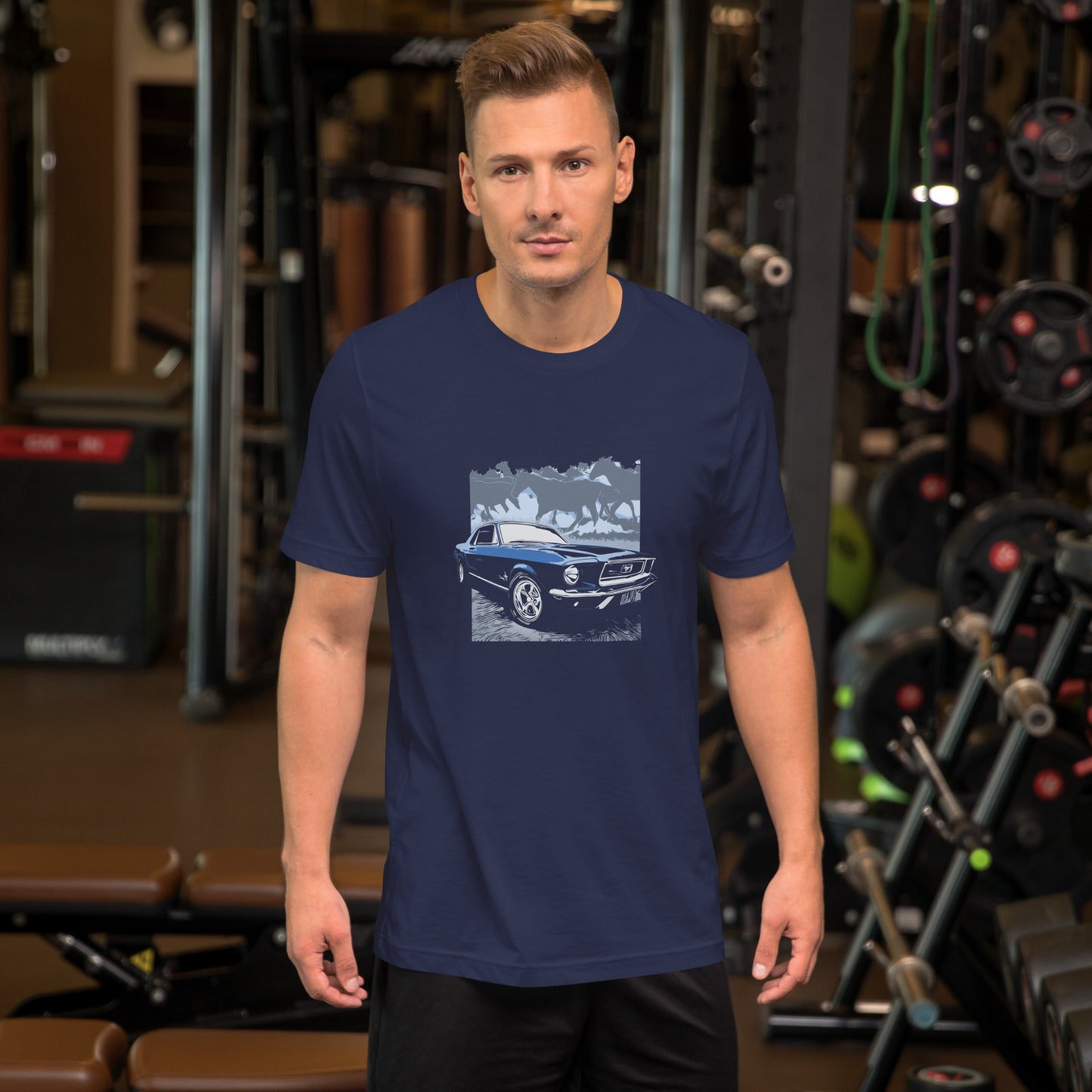 1968 Mustang Unisex Tee, Dark Blue 68 Ford Mustang with Horses