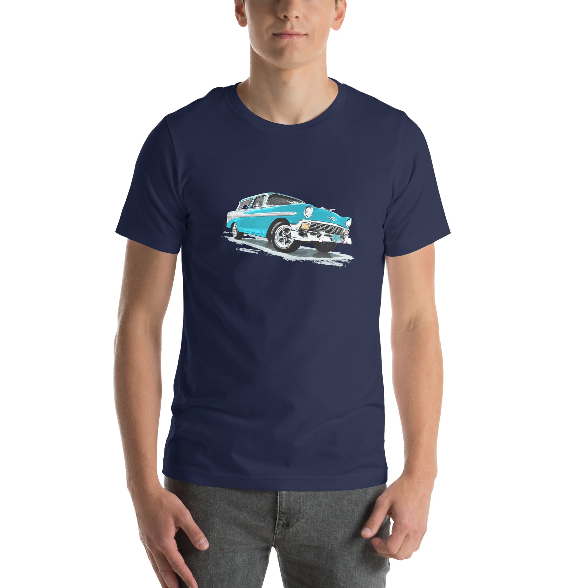 Classic Car Shirt featuring a Blue 56 Chevrolet Bel Air Nomad, 1956 Chevy on Unisex t-shirt