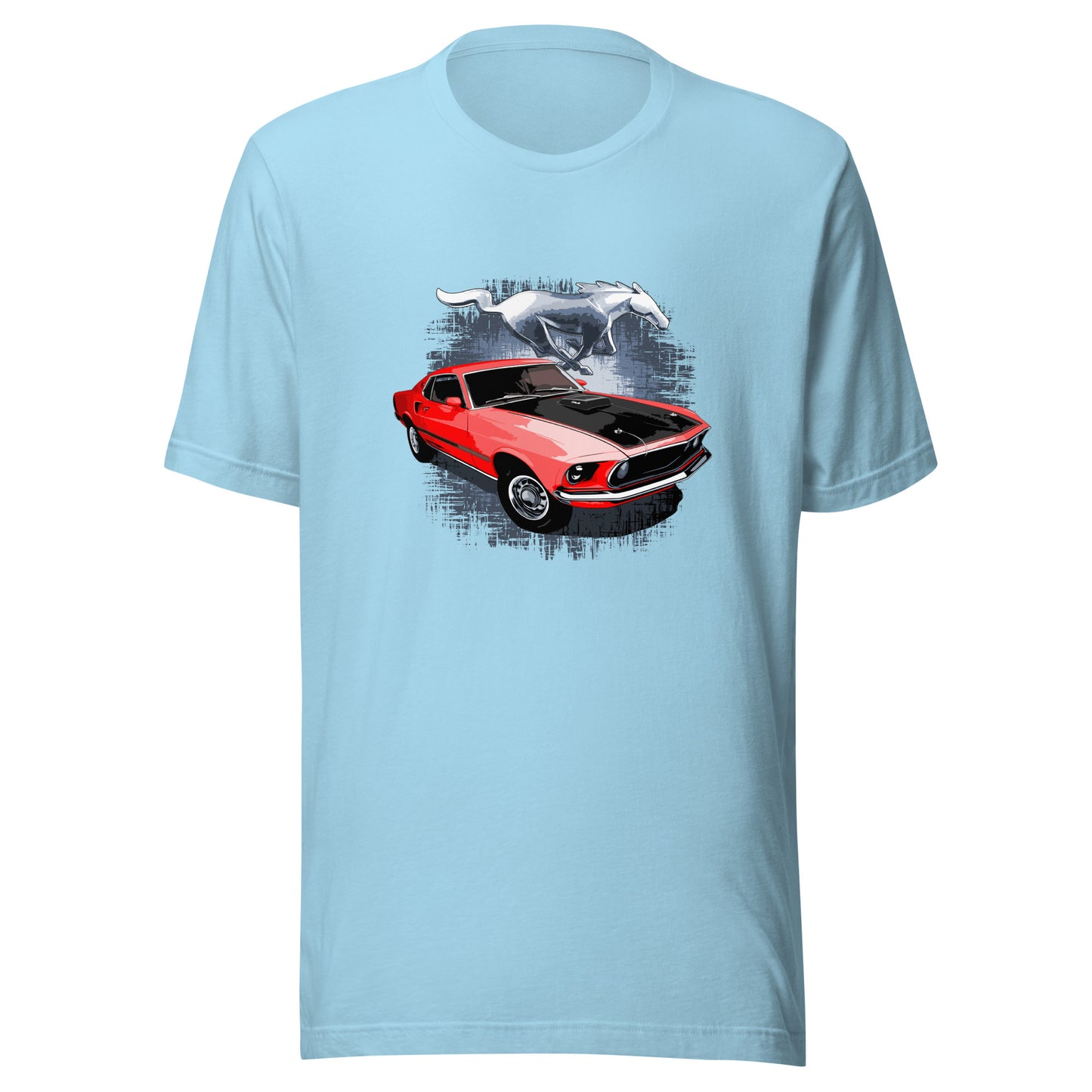 Classic car shirt featuring Red 69 Mustang Mach 1 - Unisex t-shirt with 1969 Ford muscle car