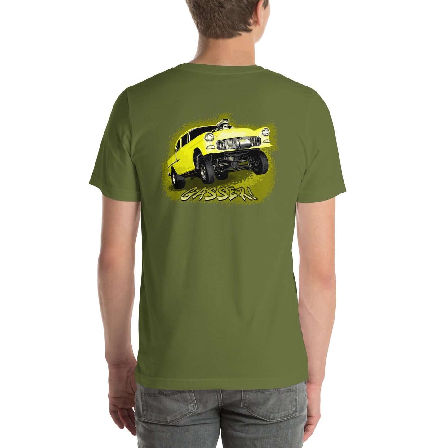 Classic Car Shirt featuring a Yellow 1955 Chevy Gasser - Unisex t-shirt, 1950s 1960s racer, image on back