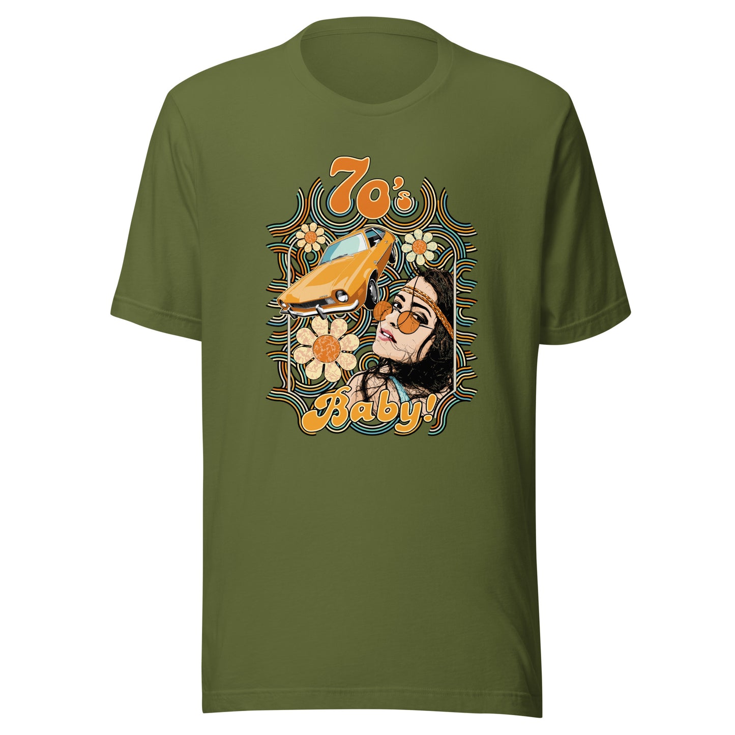 70's Baby! Unisex t-shirt featuring a young woman and Ford Pinto in 70's color palette