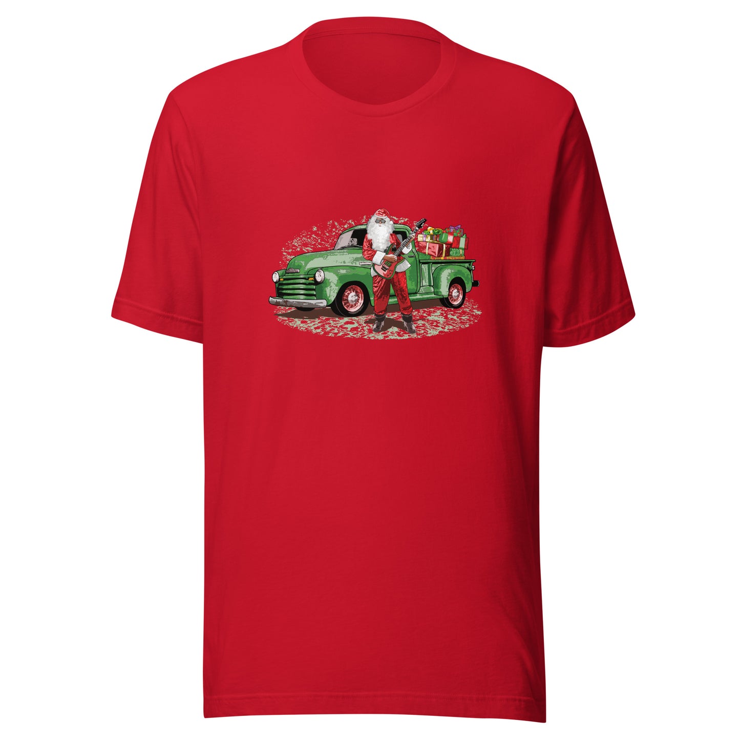 Guitar Santa Unisex Jersey Tee, Santa Claus with Rat Rod Chevy Truck full of Presents