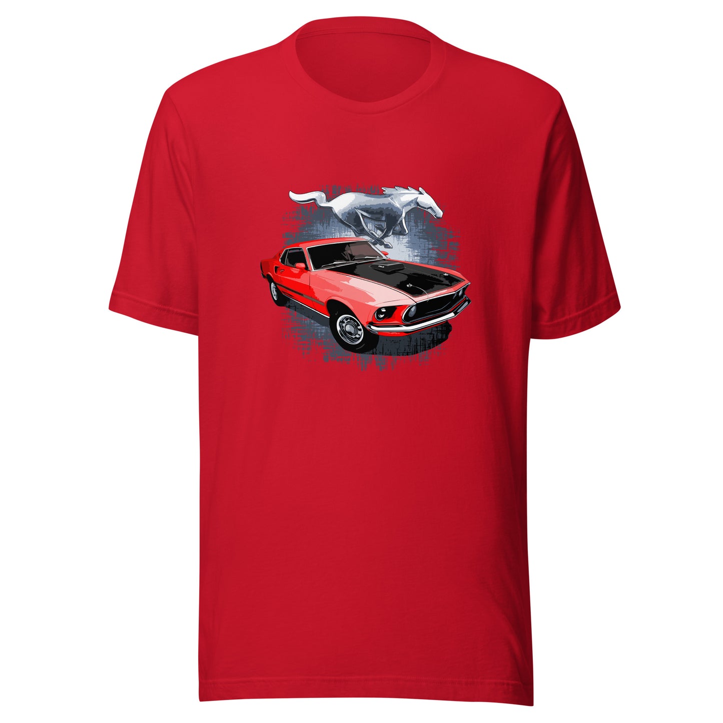 Classic car shirt featuring Red 69 Mustang Mach 1 - Unisex t-shirt with 1969 Ford muscle car