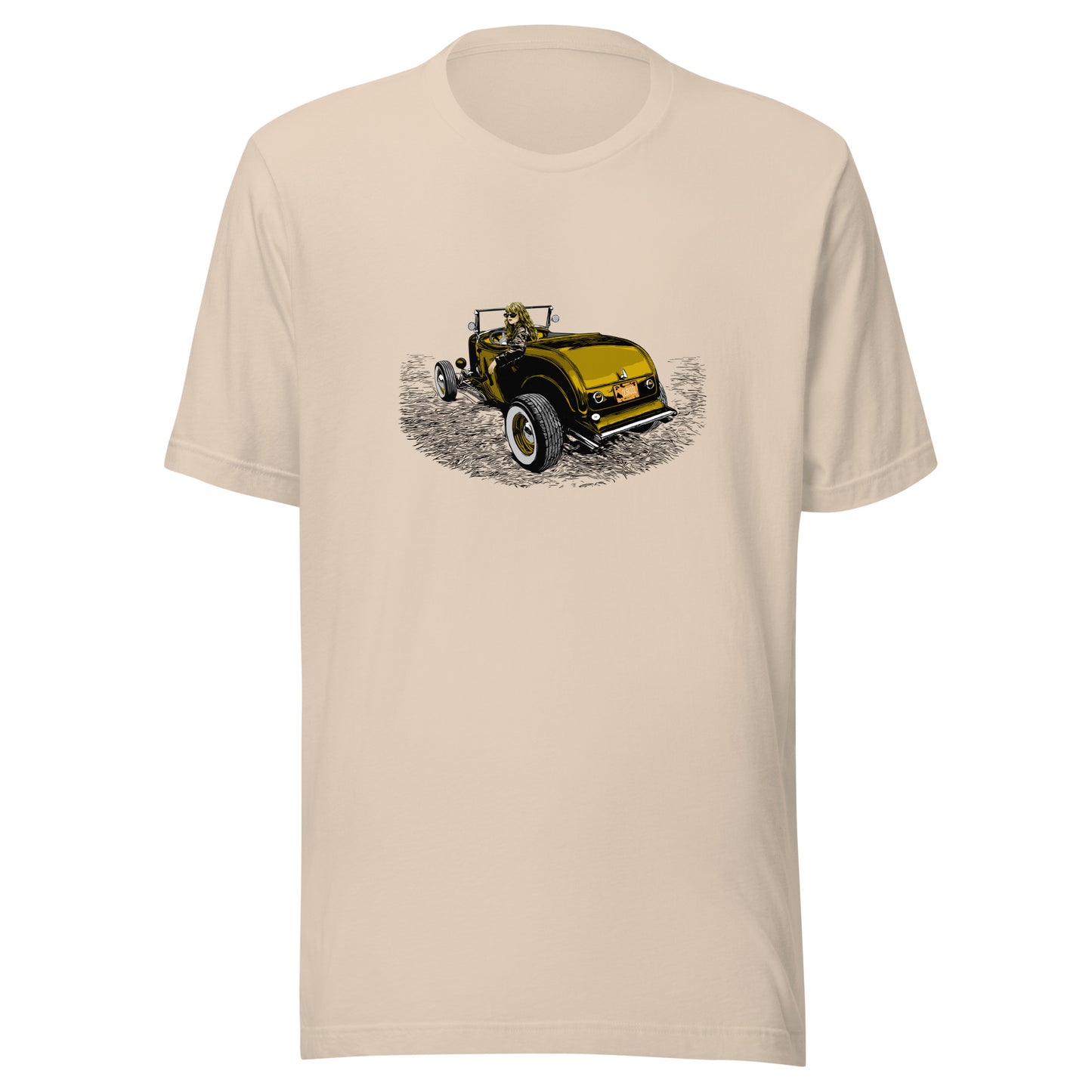 Classic car shirt featuring woman in highboy roadster, Hot Rod Girl Unisex Jersey Gold version