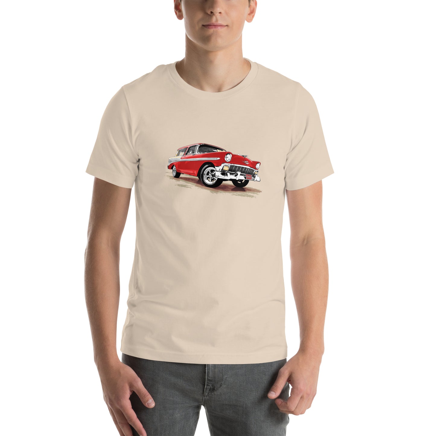 Classic Car Shirt featuring a red 56 Chevrolet Bel Air Nomad, 1956 Chevy on Unisex t-shirt