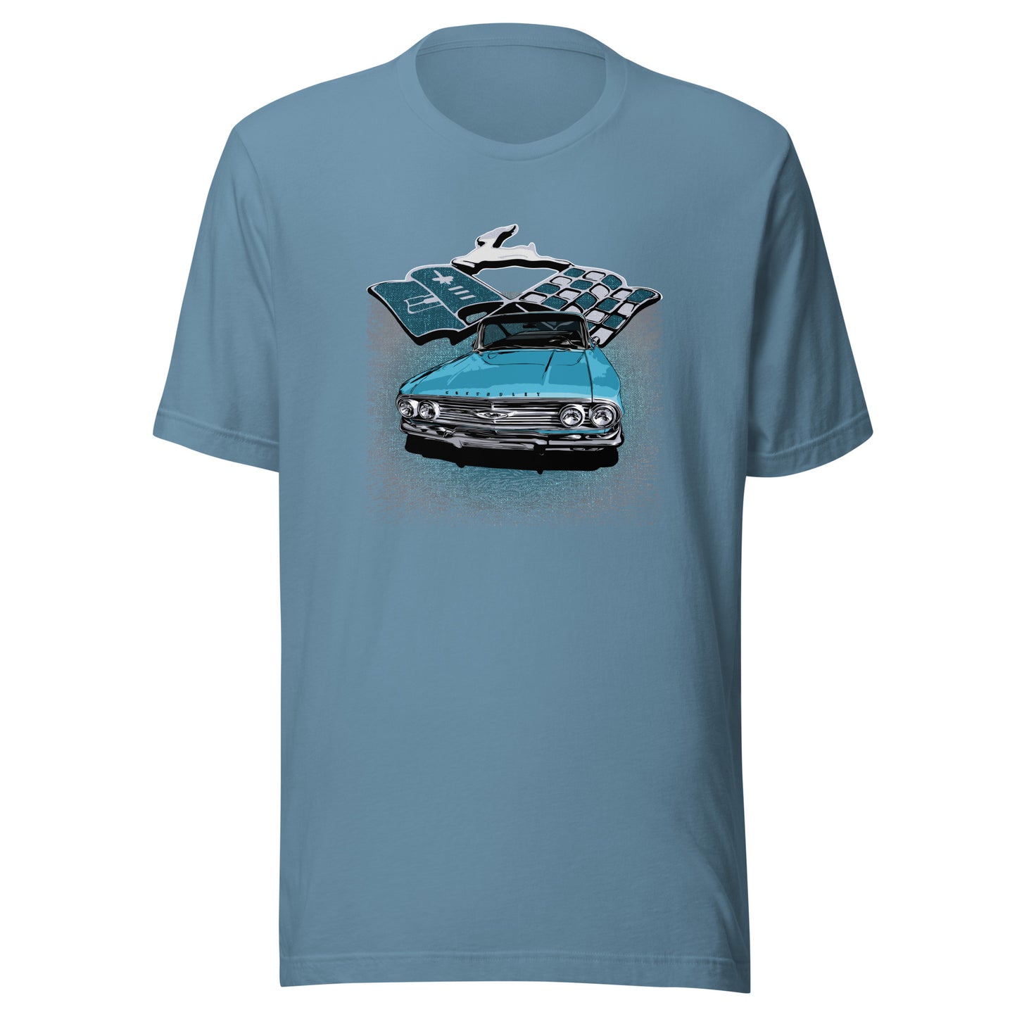 Classic car shirt featuring Blue 1960 Chevy Impala - Unisex Jersey Tee - 60 Chevrolet Impala SS