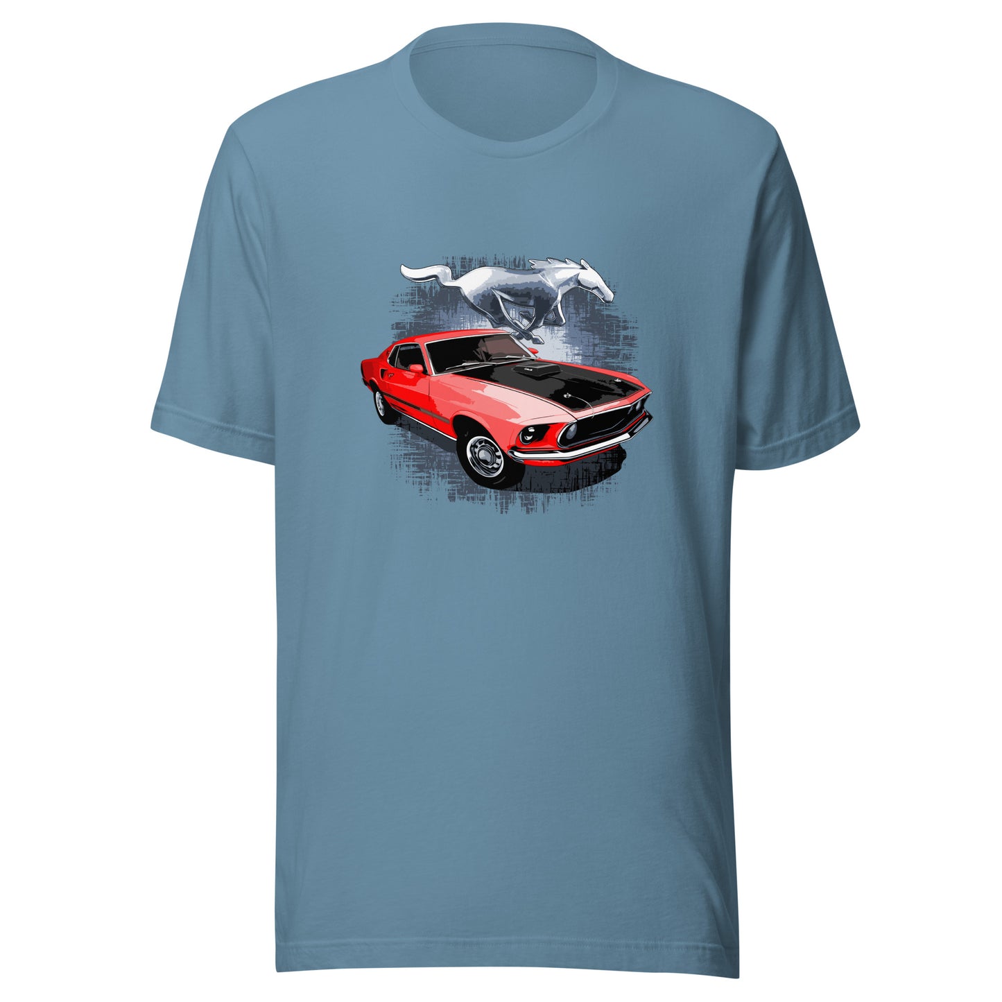 Classic car shirt featuring Red 69 Mustang Mach 1 - Unisex t-shirt with 1969 Ford muscle car