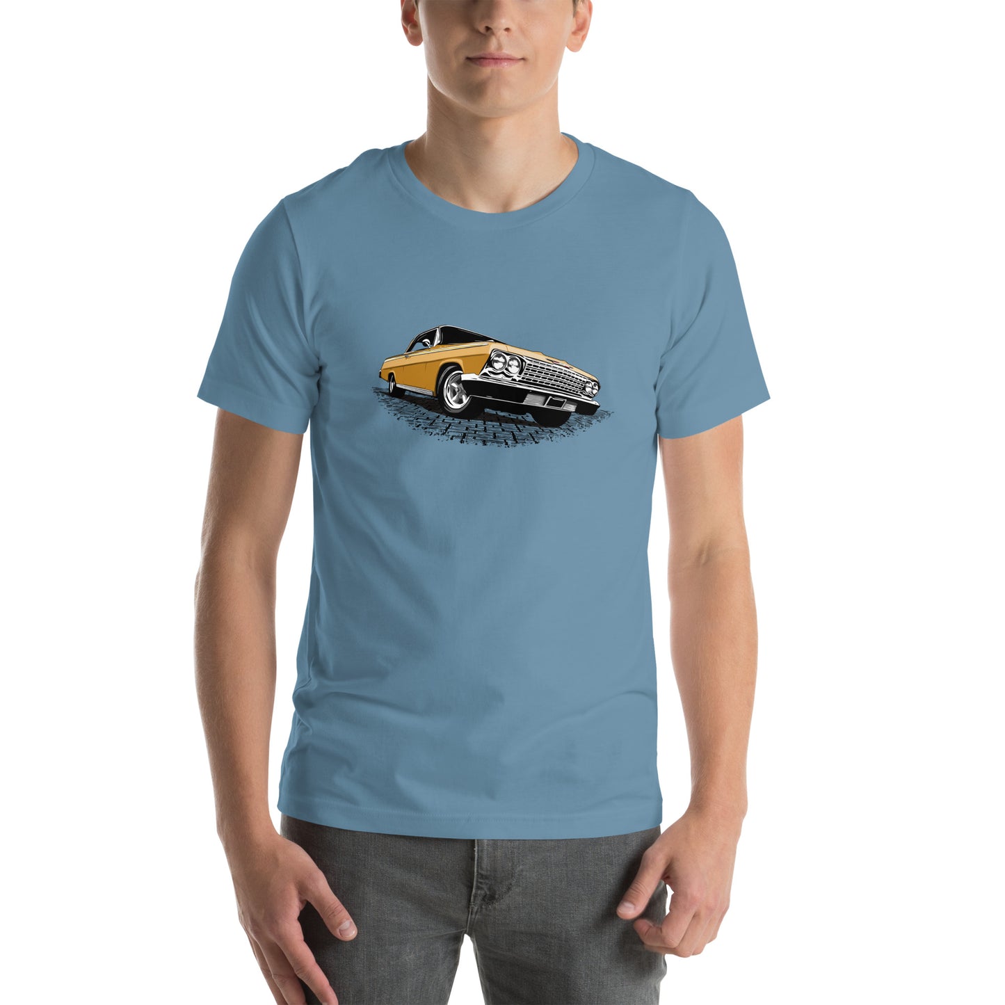 Classic car shirt featuring Gold 1962 Chevy Impala - Unisex Jersey Tee - 62 Chevrolet Impala SS