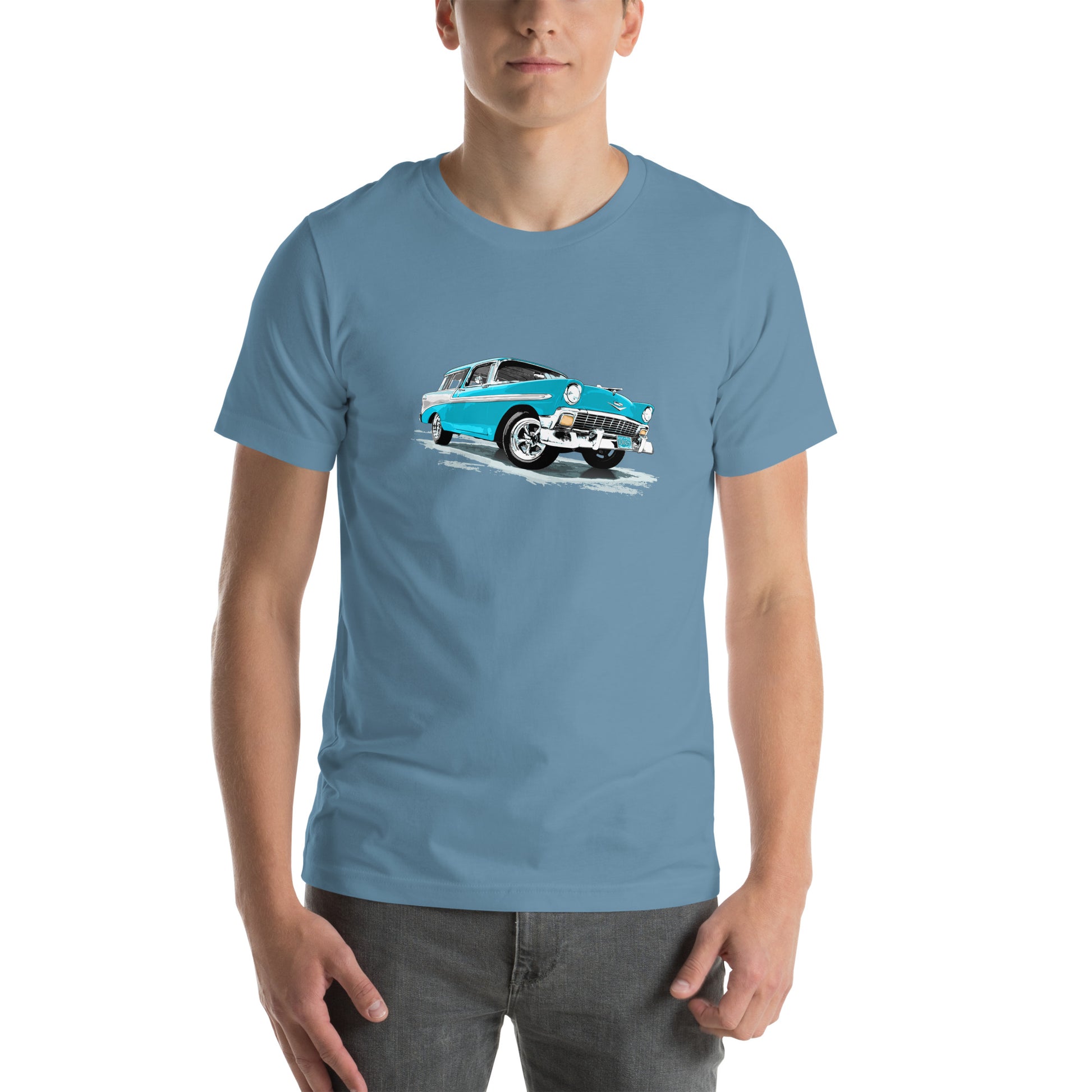 Classic Car Shirt featuring a Blue 56 Chevrolet Bel Air Nomad, 1956 Chevy on Unisex t-shirt