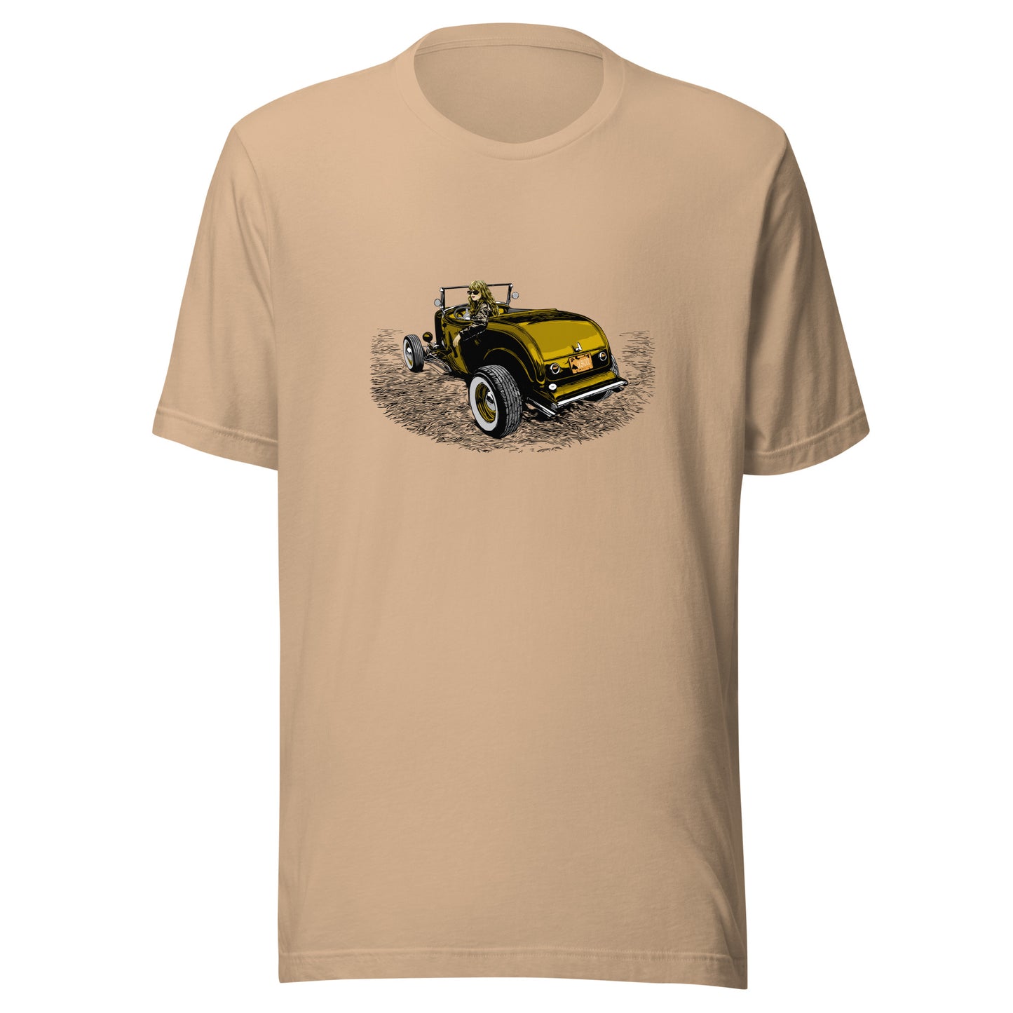 Classic car shirt featuring woman in highboy roadster, Hot Rod Girl Unisex Jersey Gold version