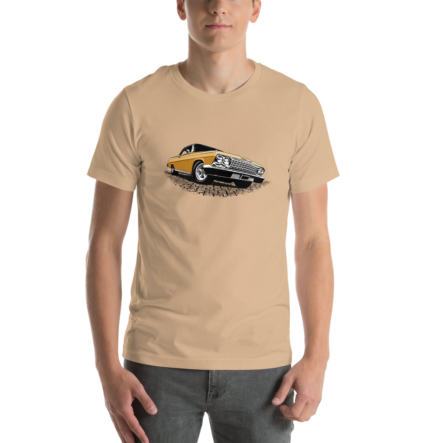 Classic car shirt featuring Gold 1962 Chevy Impala - Unisex Jersey Tee - 62 Chevrolet Impala SS