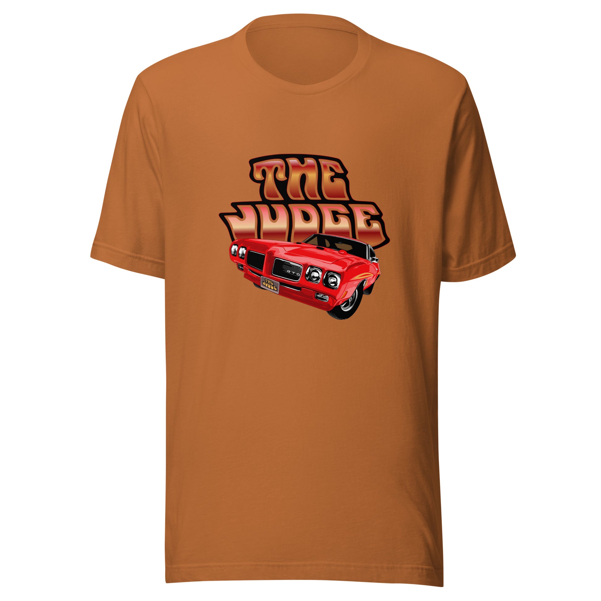 Classic car shirt featuring red 1970 Pontiac GTO Judge - Unisex T-shirt - 70 muscle car