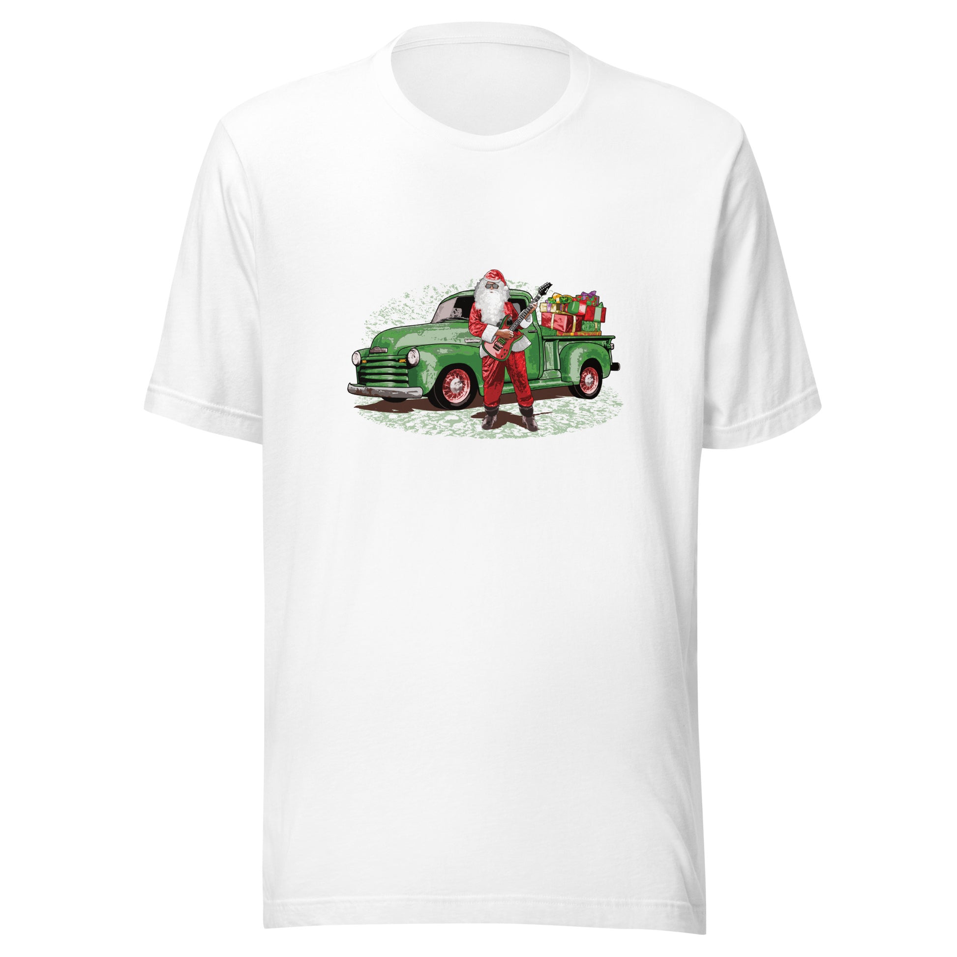 Guitar Santa Unisex Jersey Tee, Santa Claus with Rat Rod Chevy Truck full of Presents