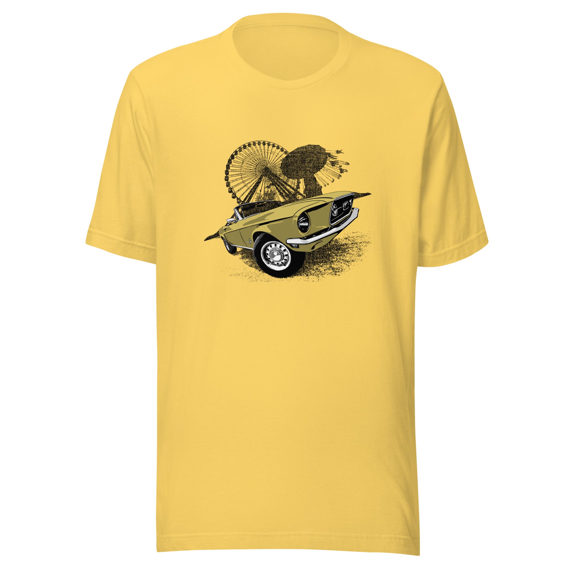 Classic car shirt featuring Yellow 68 Ford Mustang - Unisex t-shirt with 1968 Mustang convertible against carnival backdrop