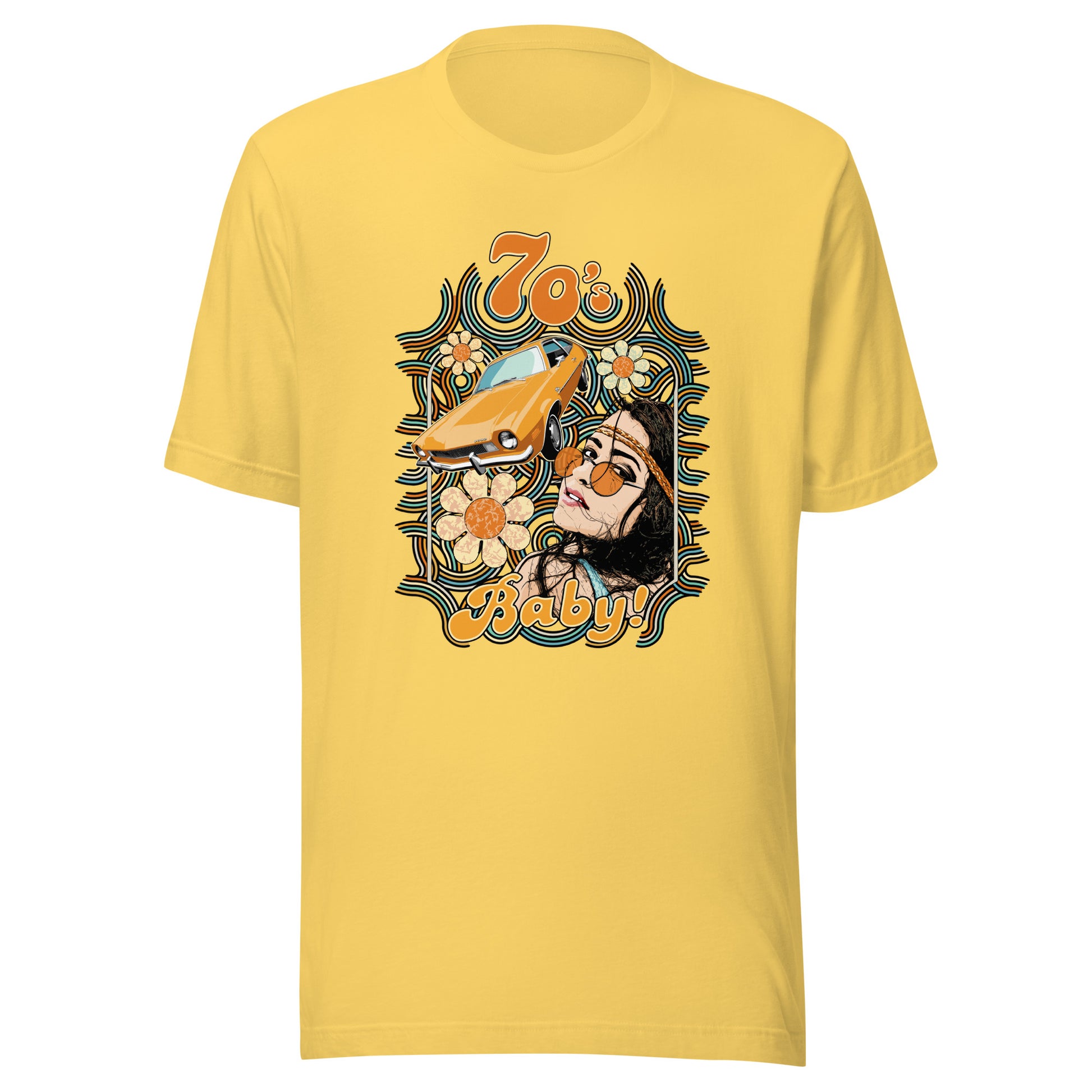 70's Baby! Unisex t-shirt featuring a young woman and Ford Pinto in 70's color palette