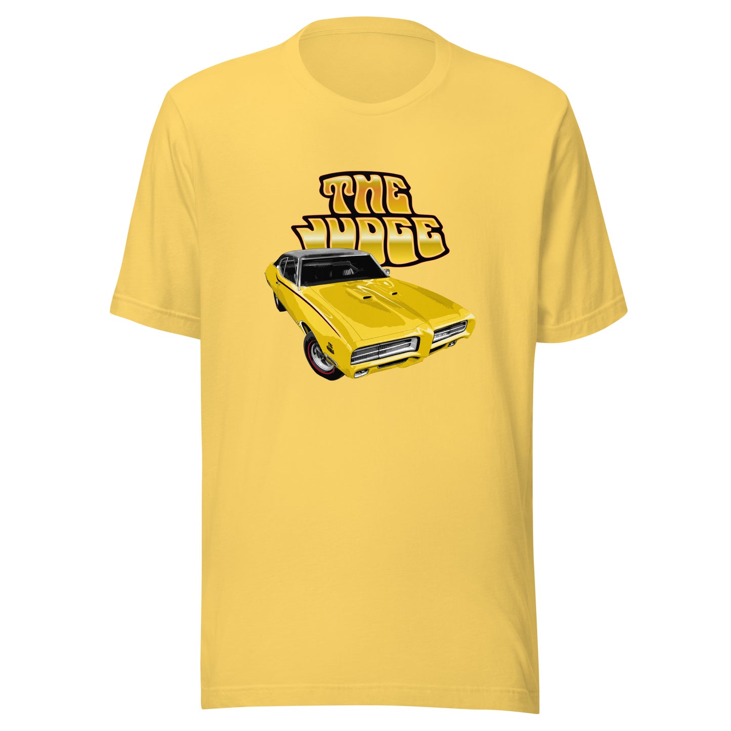 Classic car shirt featuring yellow 1969 Pontiac GTO Judge - Unisex T-shirt - 60's muscle car