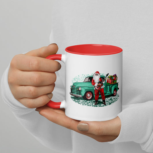 Guitar Santa glossy mug, Santa Claus with Rat Rod Chevy Truck full of Presents - Mug with Color Inside
