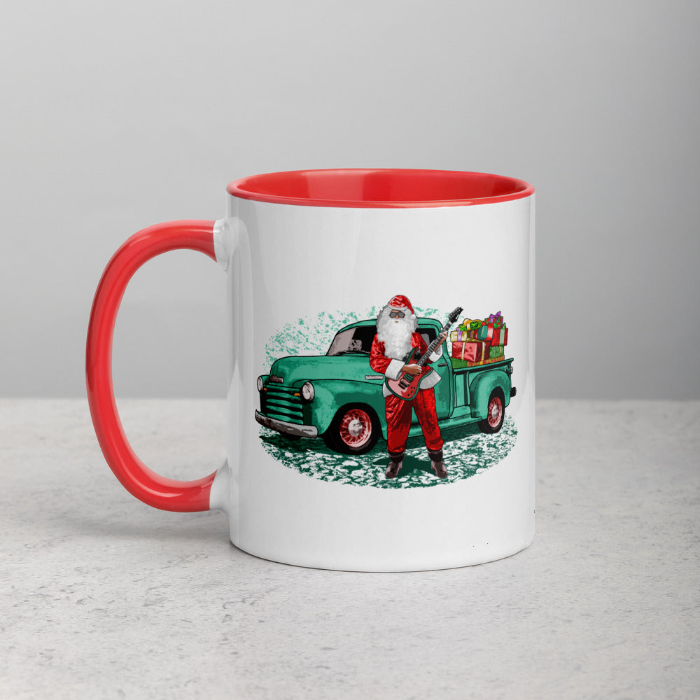 Guitar Santa glossy mug, Santa Claus with Rat Rod Chevy Truck full of Presents - Mug with Color Inside