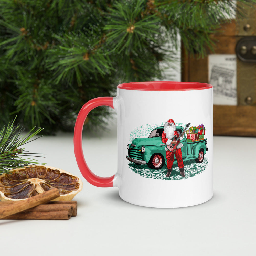 Guitar Santa glossy mug, Santa Claus with Rat Rod Chevy Truck full of Presents - Mug with Color Inside