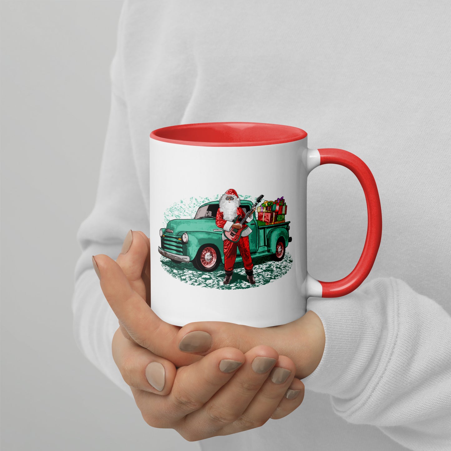 Guitar Santa glossy mug, Santa Claus with Rat Rod Chevy Truck full of Presents - Mug with Color Inside