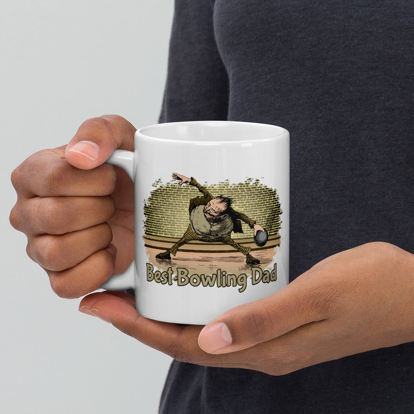 Best Bowling Dad Mug with humorous cartoon bowler.