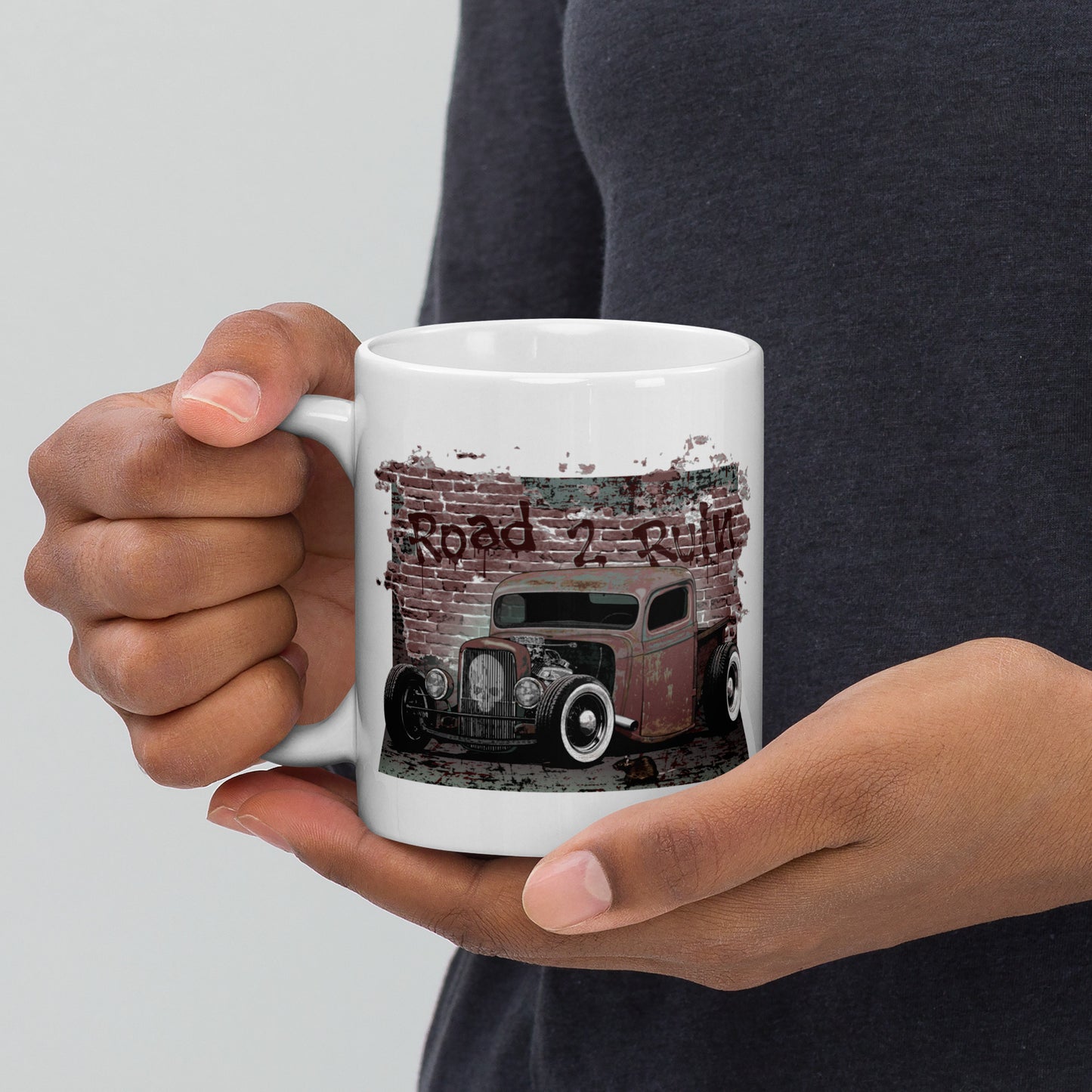 White glossy mug featuring Rat Rod Truck with skull emblem