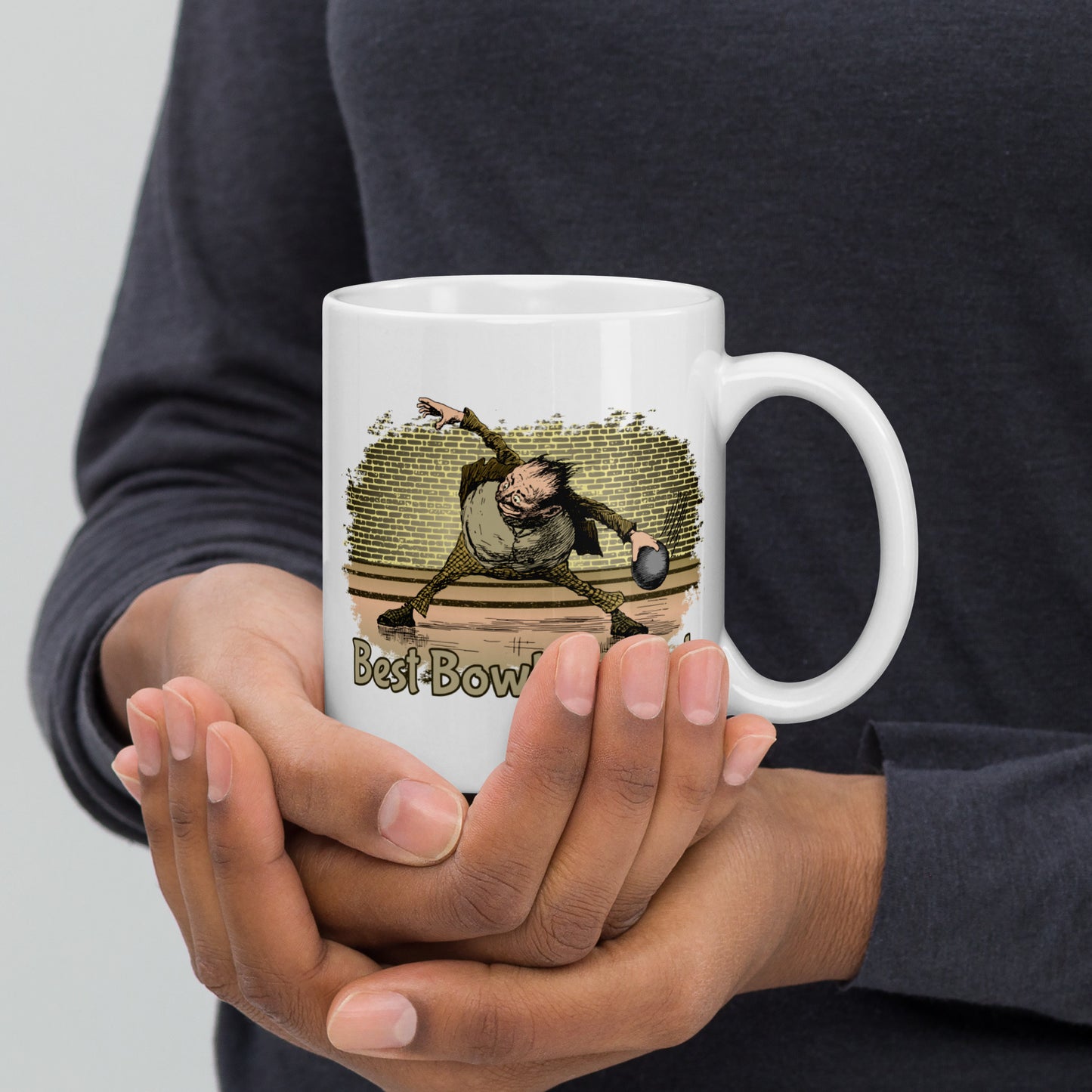 Best Bowling Dad Mug with humorous cartoon bowler.