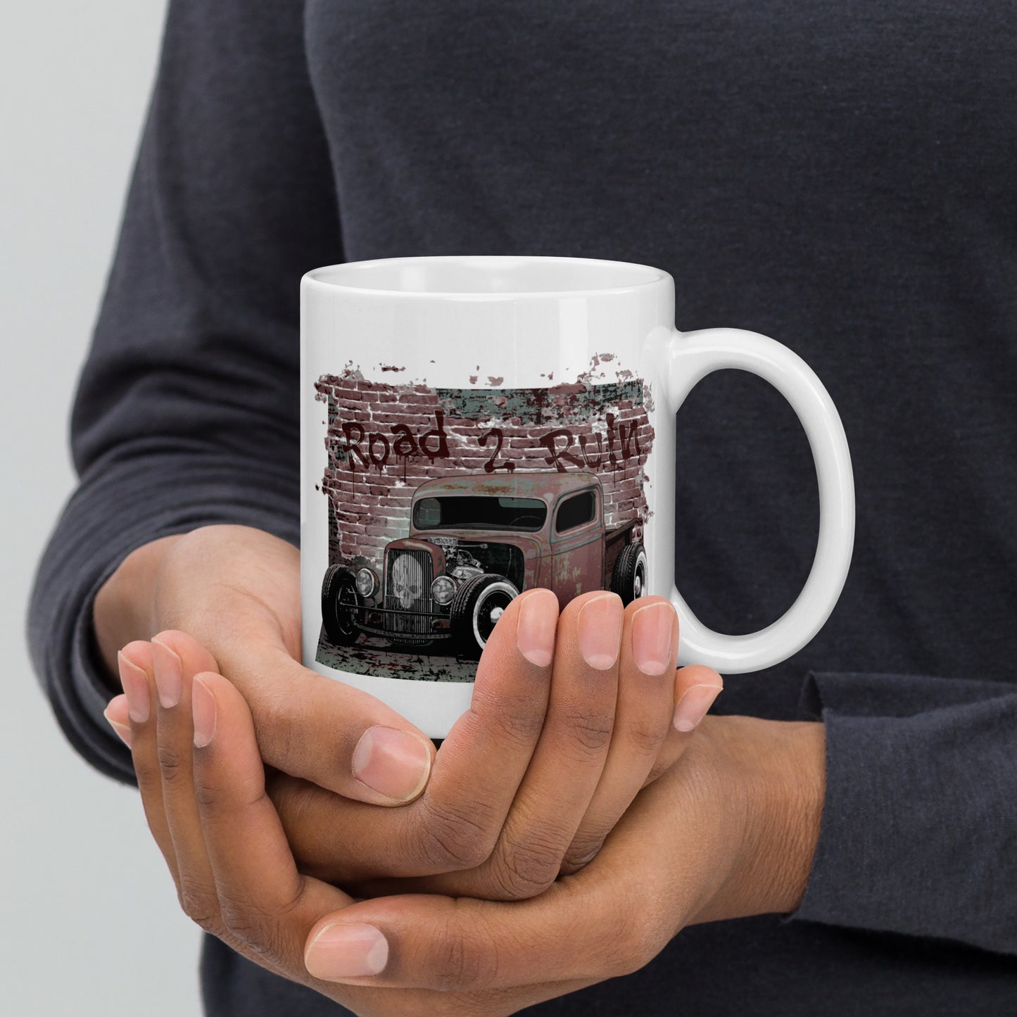 White glossy mug featuring Rat Rod Truck with skull emblem