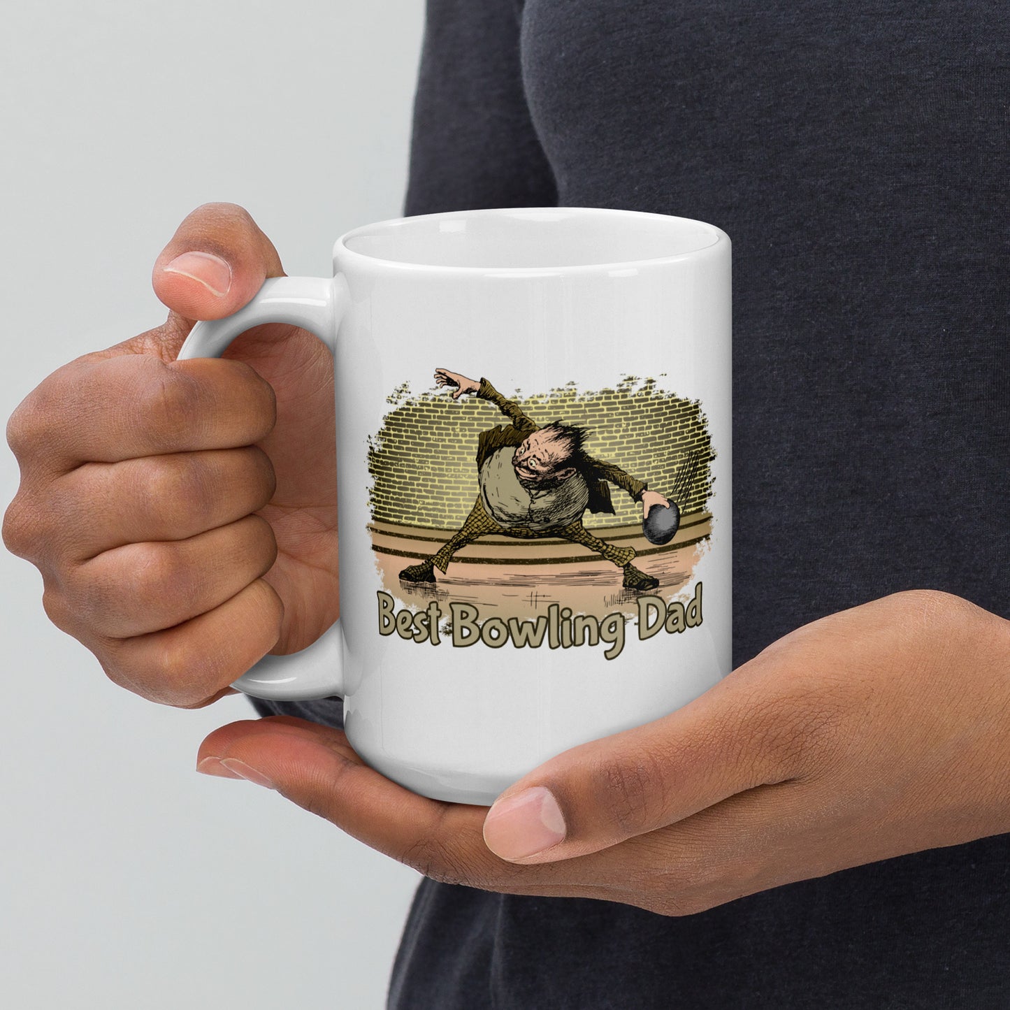 Best Bowling Dad Mug with humorous cartoon bowler.