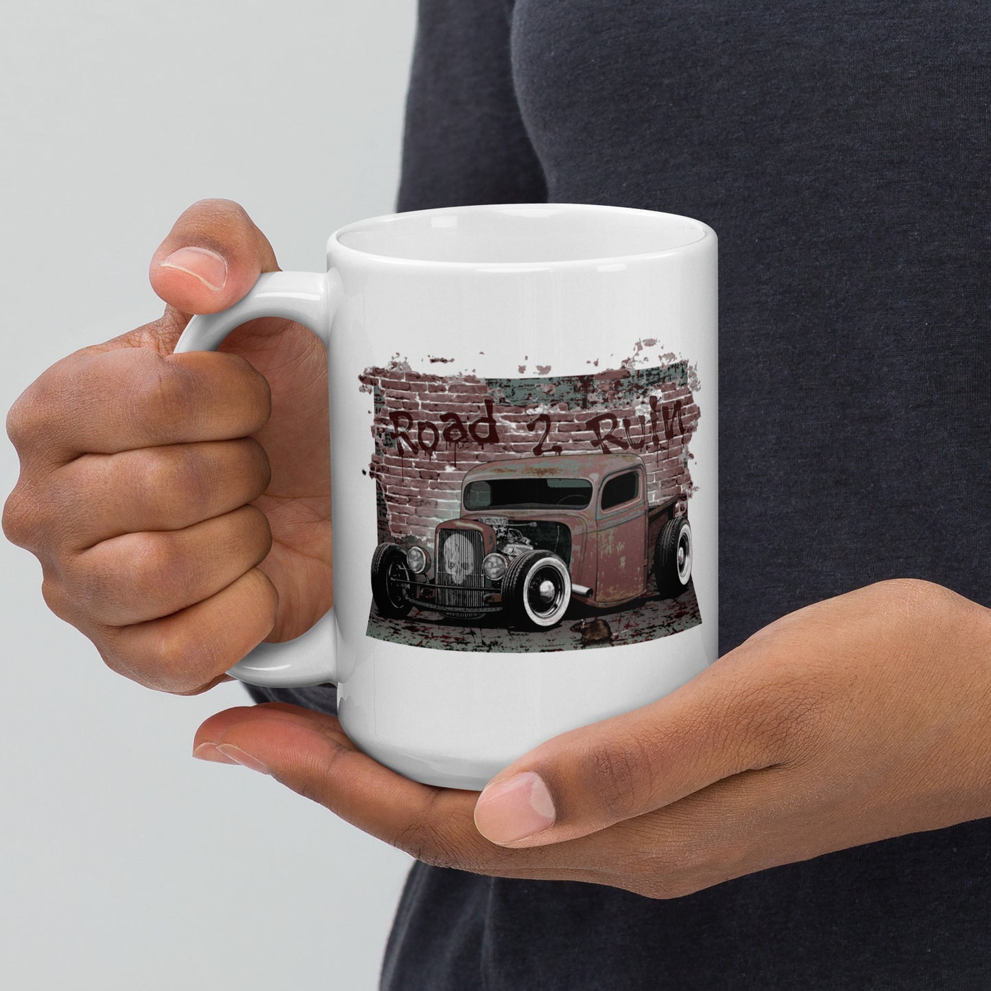 White glossy mug featuring Rat Rod Truck with skull emblem