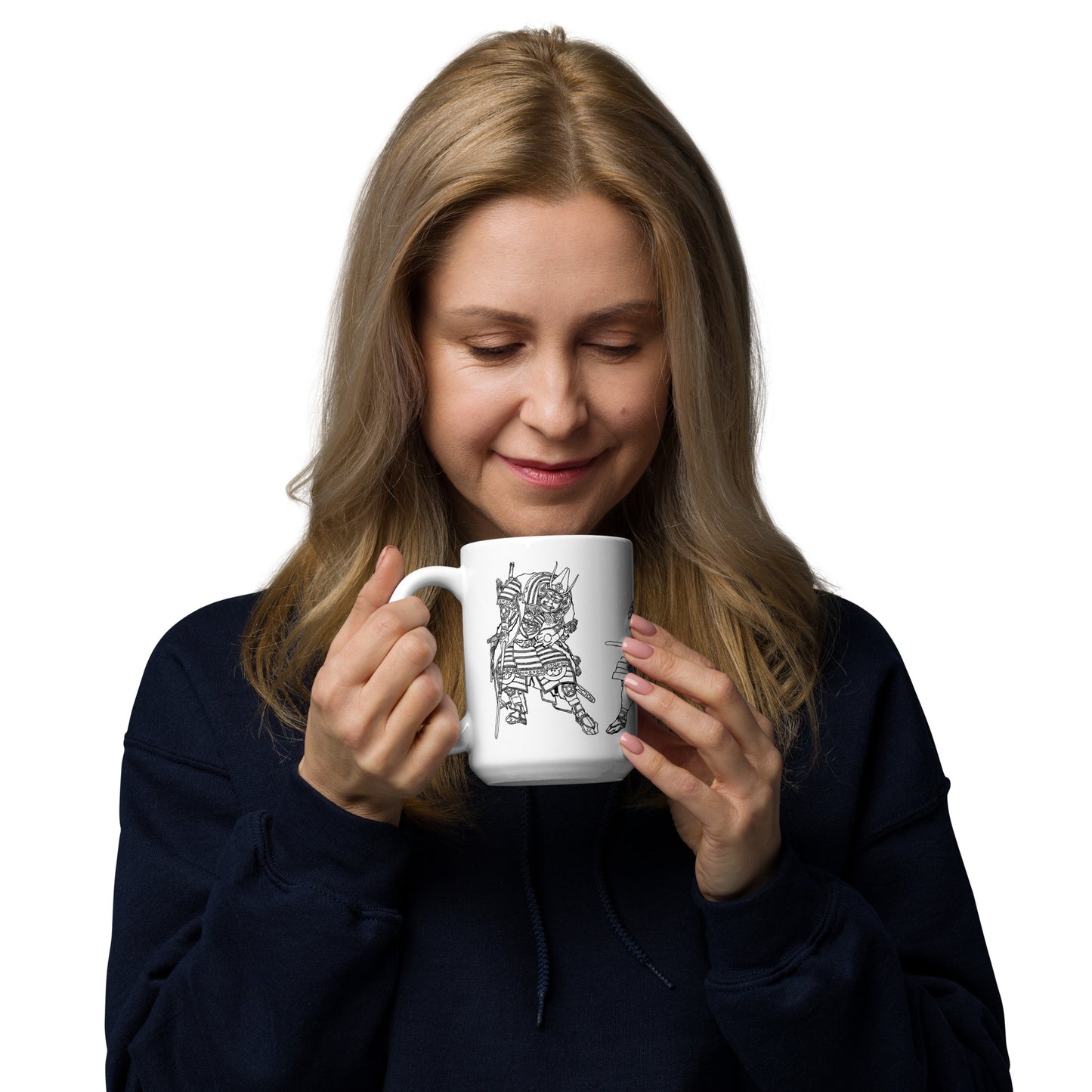 White glossy mug featuring 3 Samurai Warriors from Katsushika Hokusai's Samurai Sketches