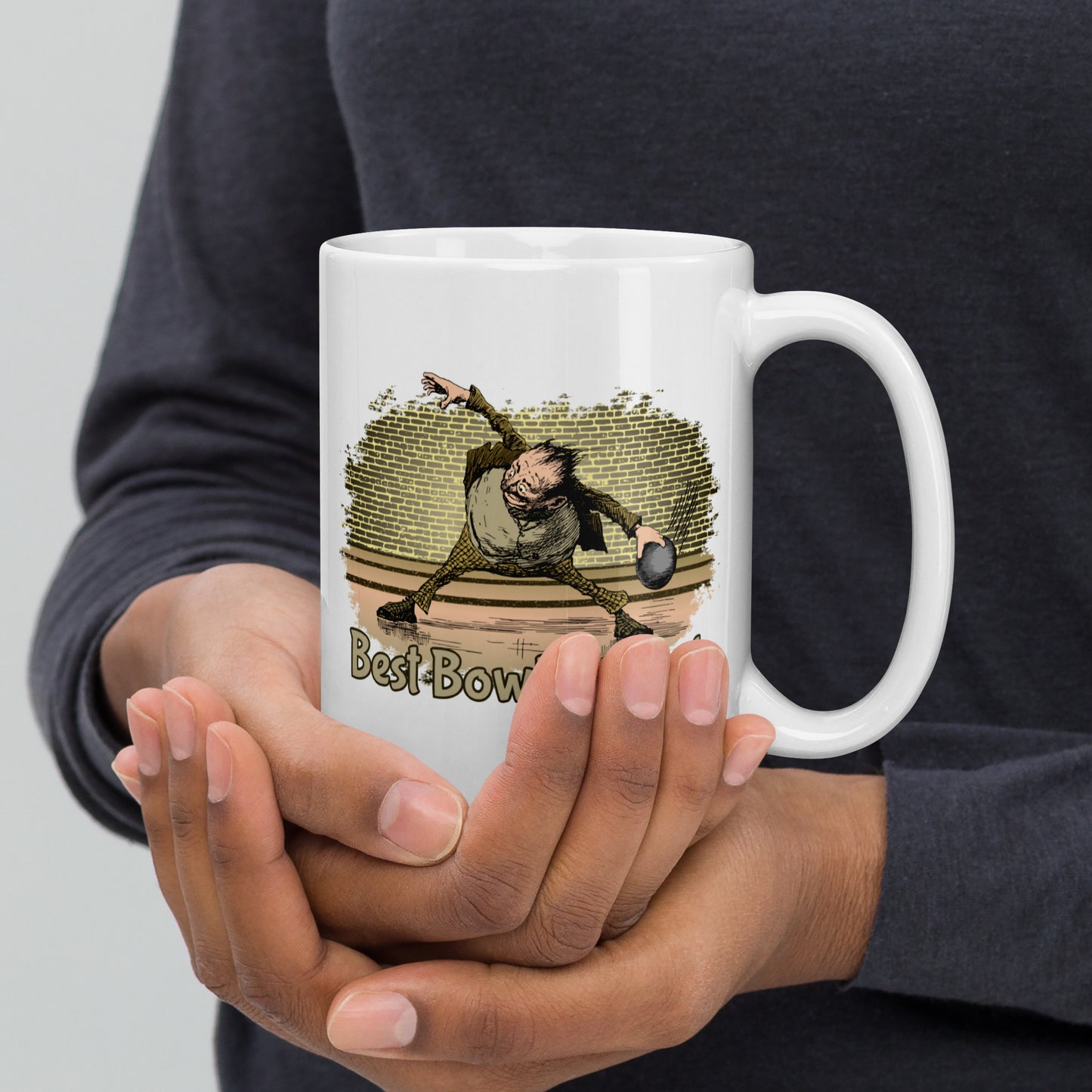 Best Bowling Dad Mug with humorous cartoon bowler.