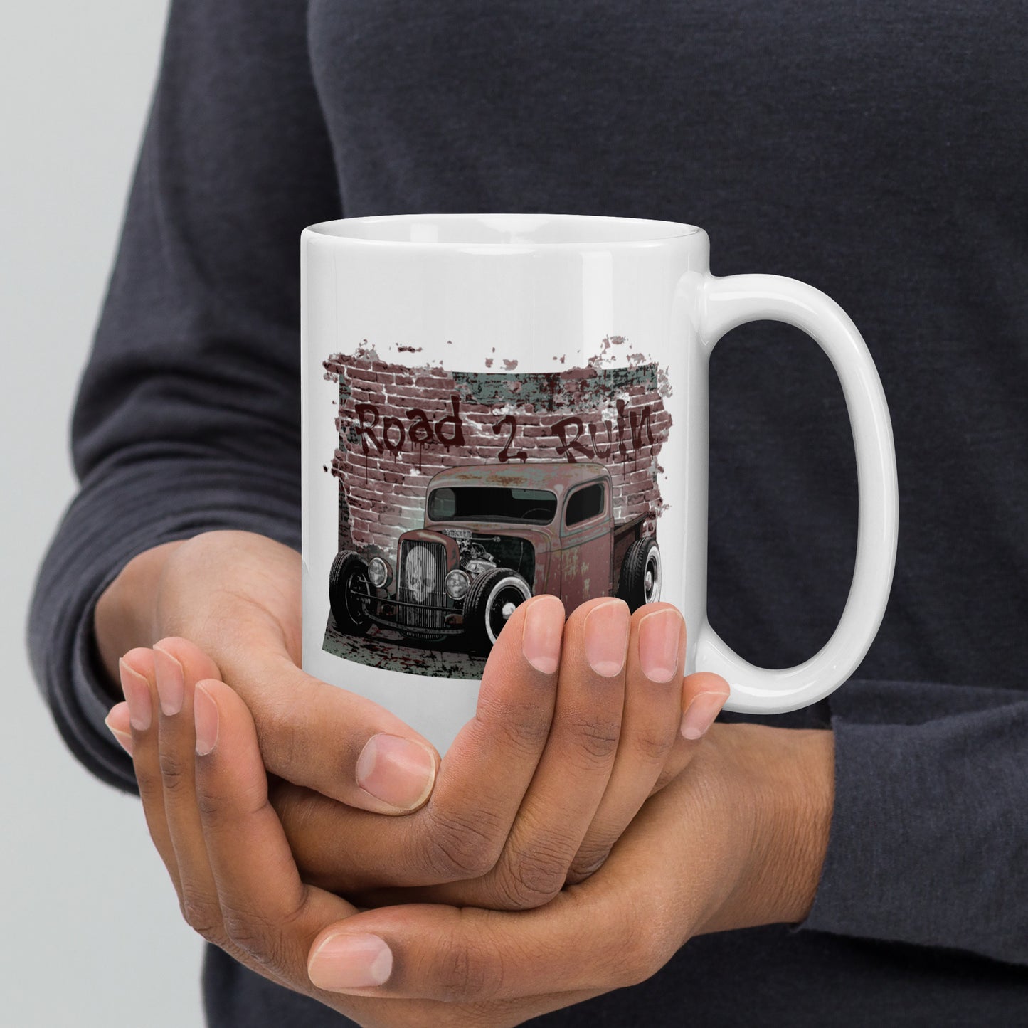 White glossy mug featuring Rat Rod Truck with skull emblem