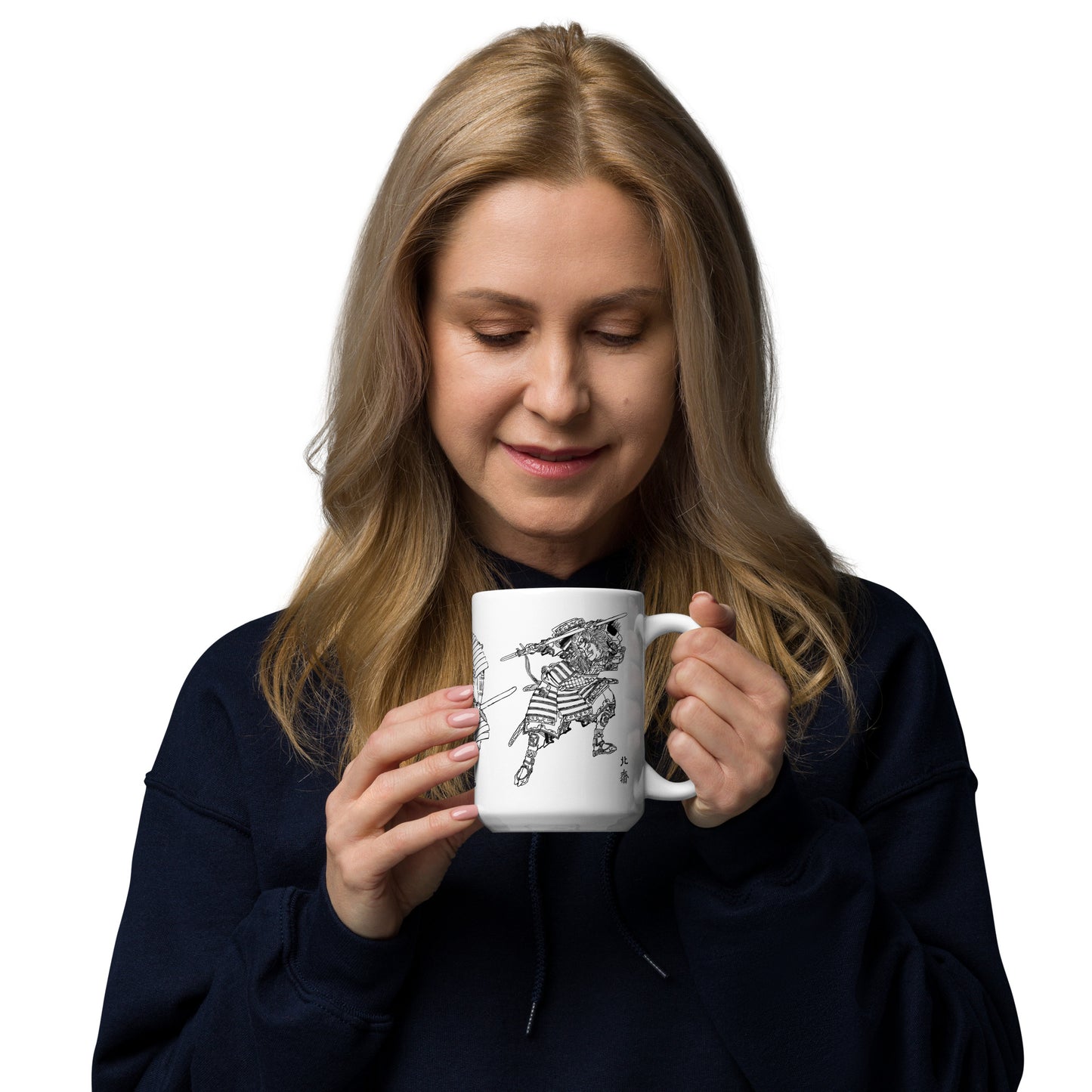 White glossy mug featuring 3 Samurai Warriors from Katsushika Hokusai's Samurai Sketches