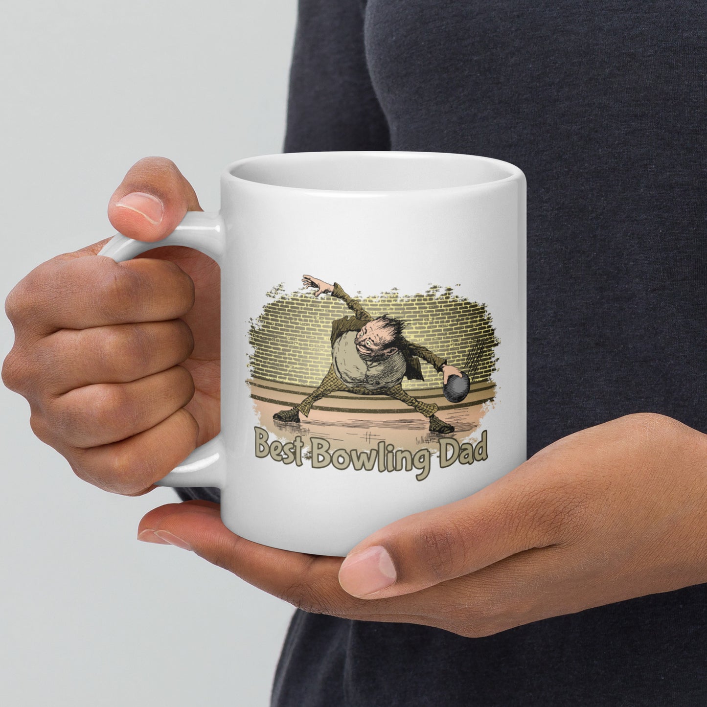 Best Bowling Dad Mug with humorous cartoon bowler.