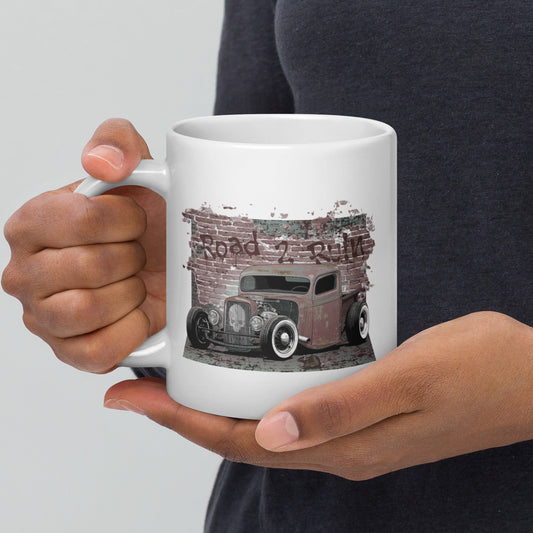 White glossy mug featuring Rat Rod Truck with skull emblem