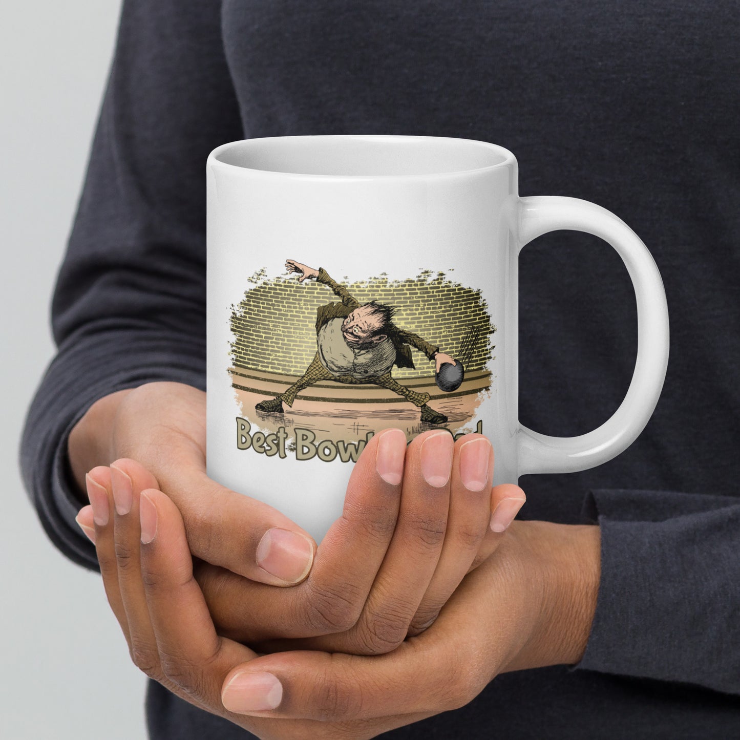 Best Bowling Dad Mug with humorous cartoon bowler.