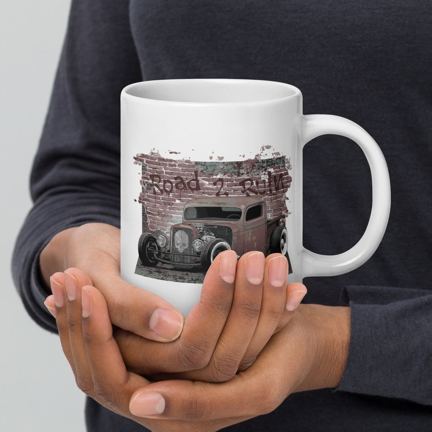 White glossy mug featuring Rat Rod Truck with skull emblem