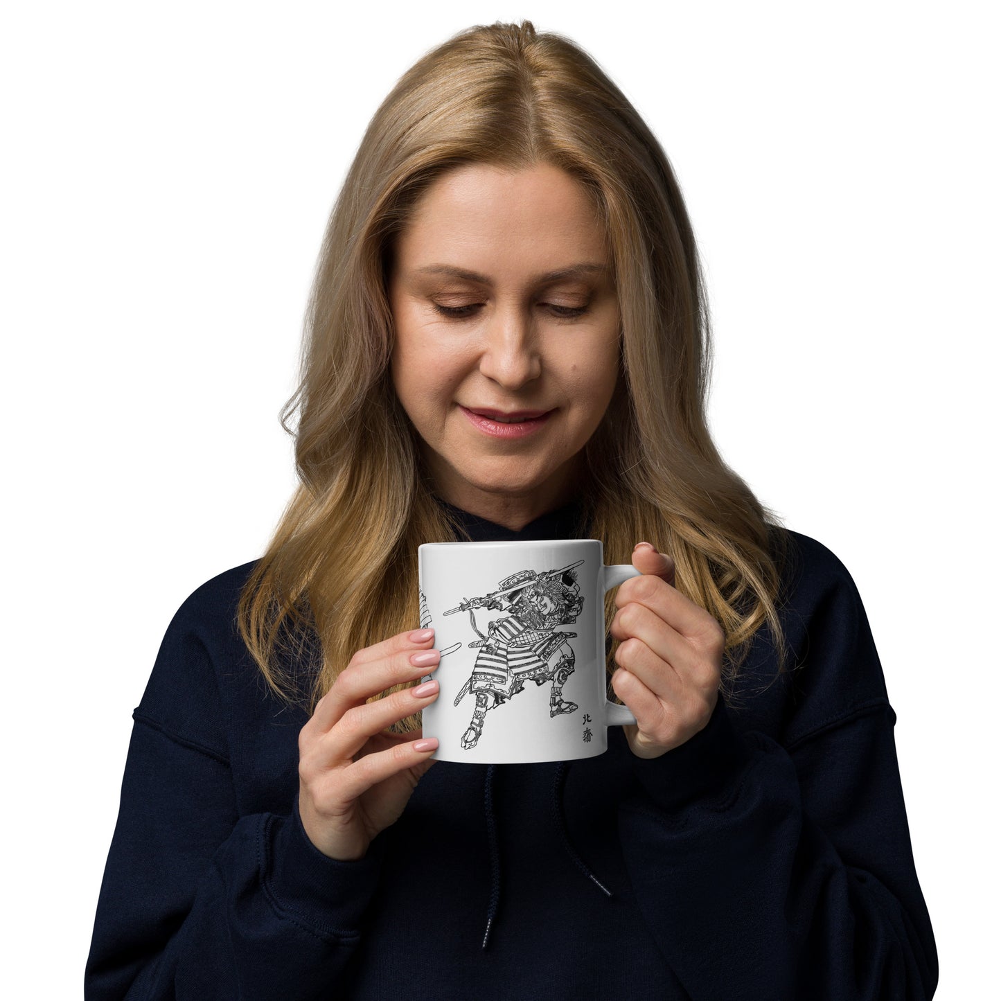 White glossy mug featuring 3 Samurai Warriors from Katsushika Hokusai's Samurai Sketches