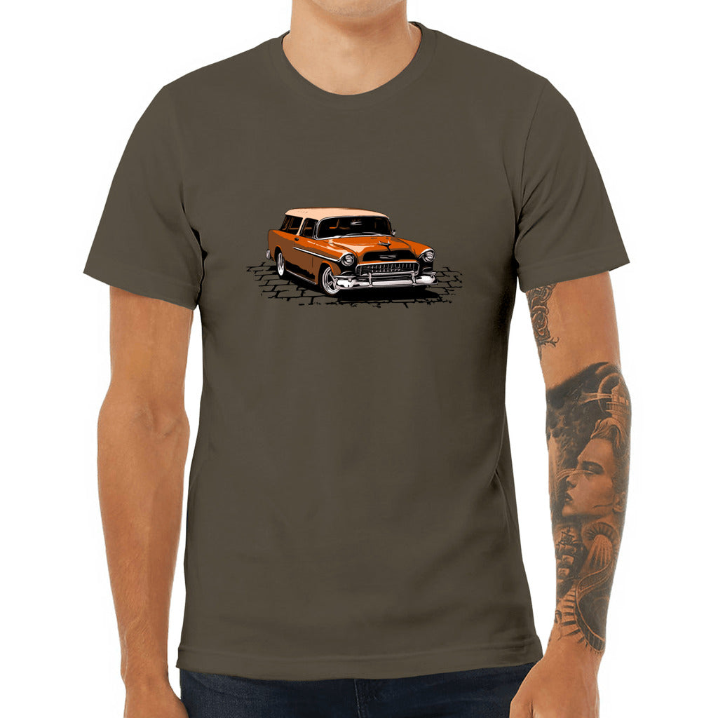 55 Chevy Nomad Unisex Jersey Tee, 1955 Chevrolet Bel Air Nomad hot rod bronze version zoeysgarage.net