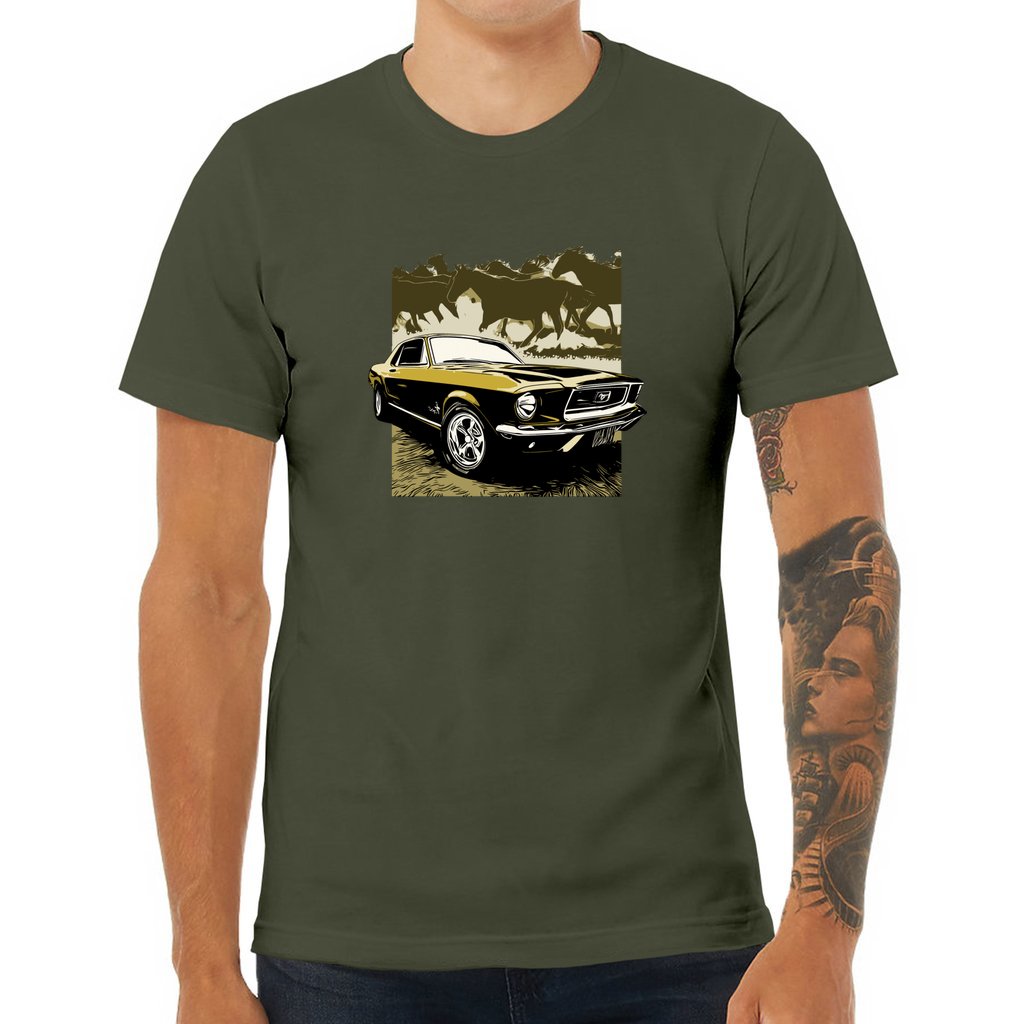 68 Mustang Unisex Jersey Tee, Gold 1968 Ford Mustang with Horses