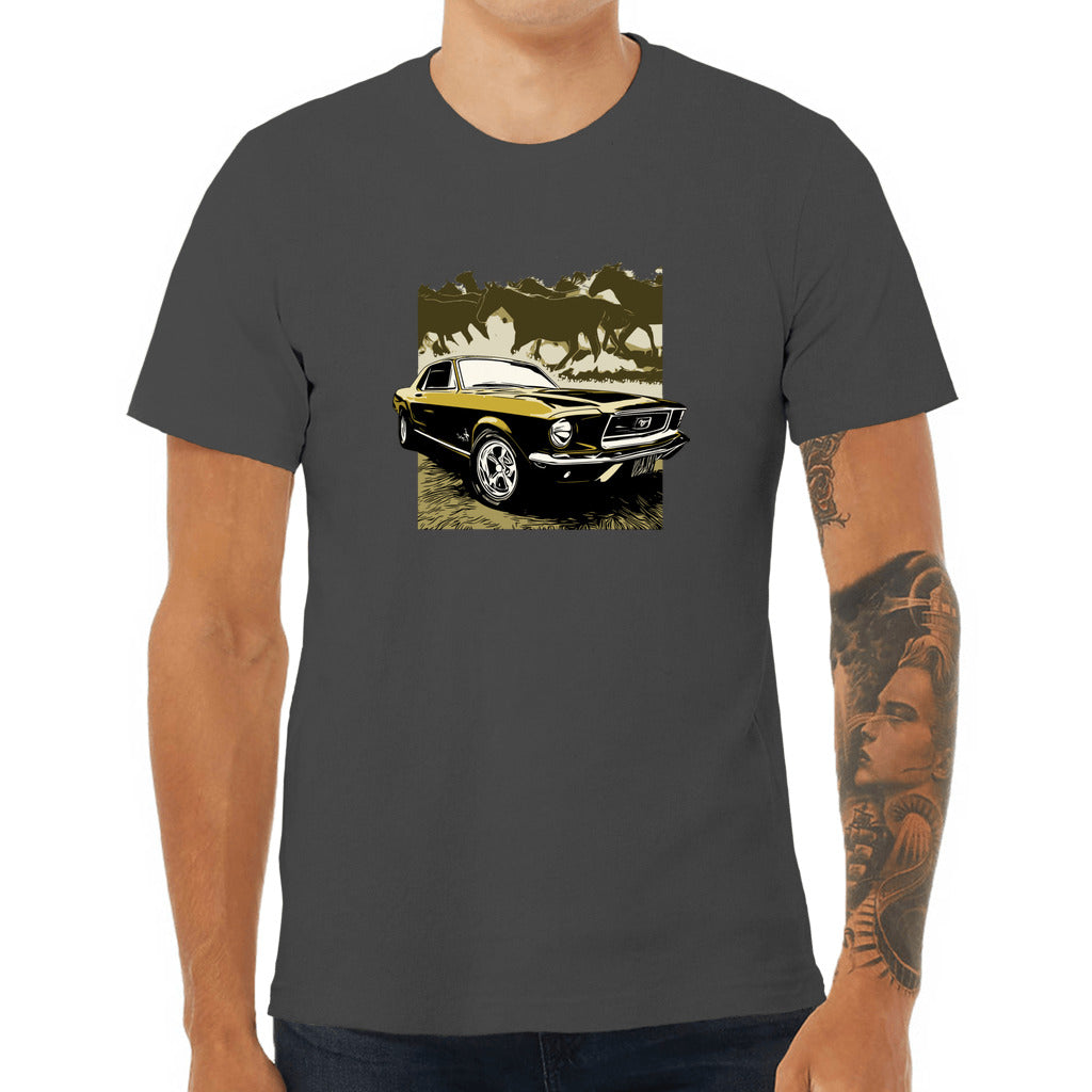 68 Mustang Unisex Jersey Tee, Gold 1968 Ford Mustang with Horses