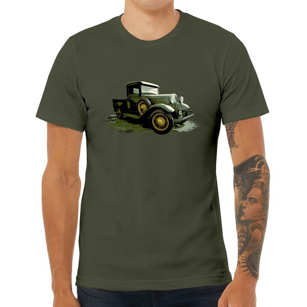 front_56Pumpkin Truck Unisex Jersey Tee featuring a Model A Ford truck with pumpkins