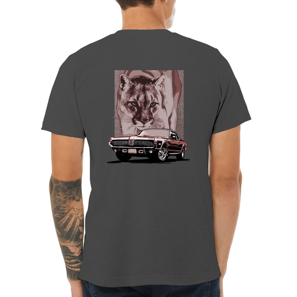 68 Cougar Unisex Jersey Tee, featuring 1968 Mercury Cougar with cougar cat backdrop, red theme, design on back